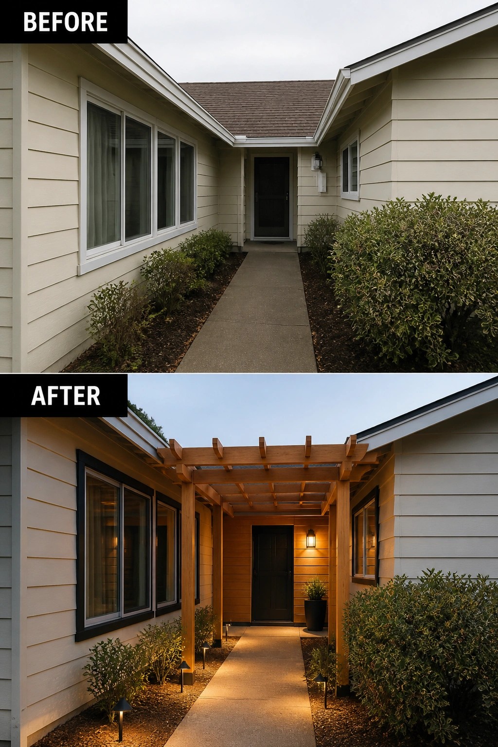 Before-and-after image of a plain front entry updated with a wooden pergola, black trim, pathway lighting, and a potted plant.