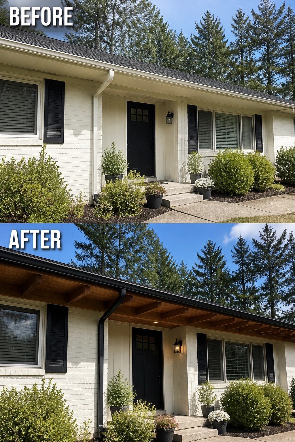 Split before-and-after showing white brick house entry with black door, shutters, exposed wood beams