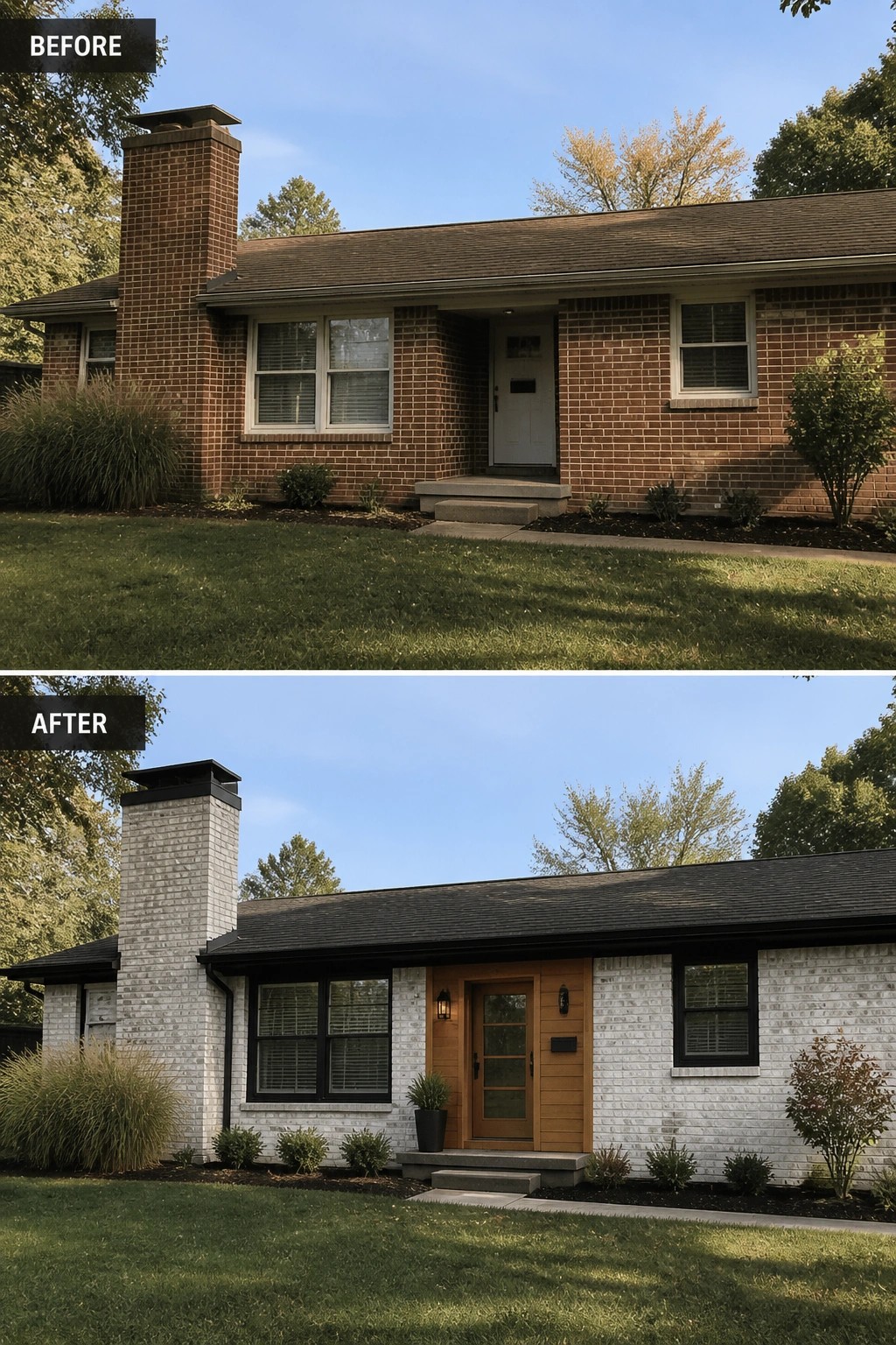 Before-and-after image of a ranch house exterior updated by adding black window trim and a natural wood front door to