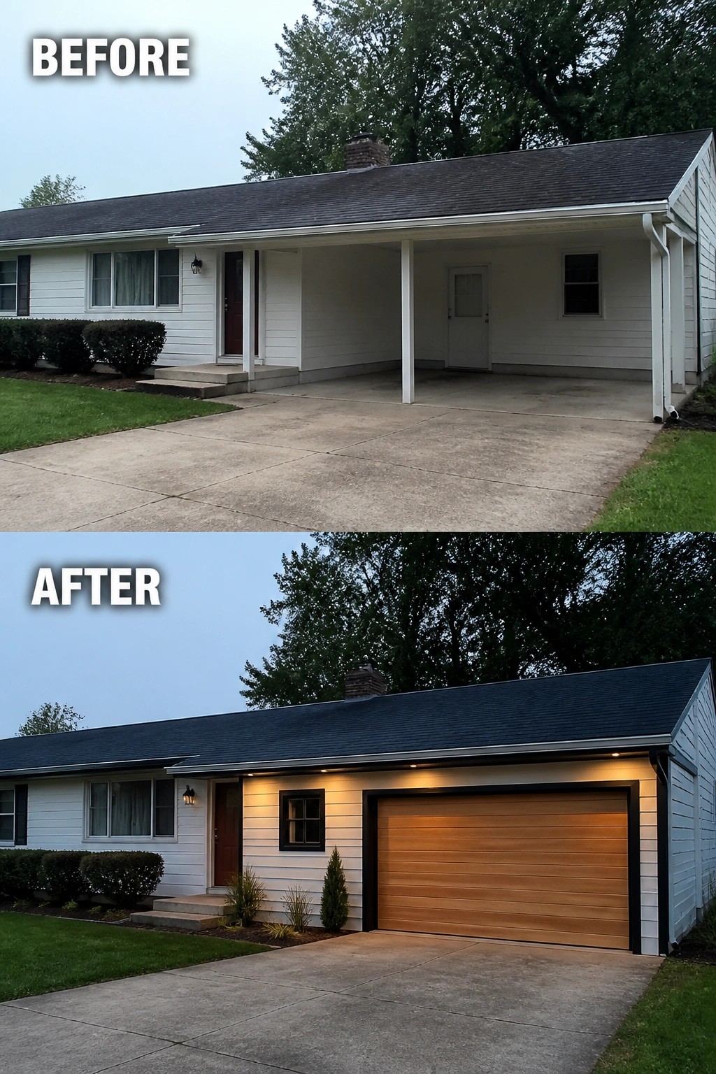 Before-and-after exterior: white ranch house with wood garage door, black trim, warm lights