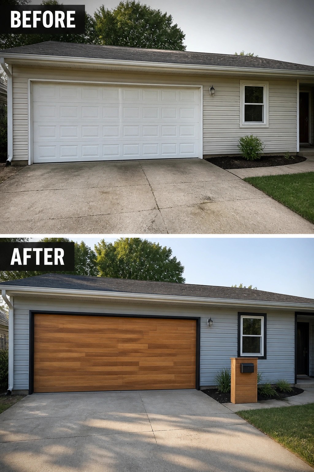 Before-and-after image of a ranch garage where a plain white sectional door was replaced by a horizontal natural wood-look garage door with dark trim and a matching wooden mailbox column.