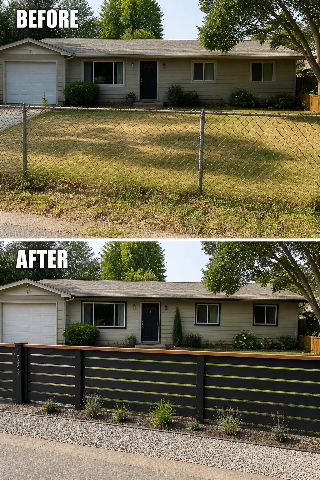 Before-and-after image showing a front yard where a chain-link fence and plain lawn were replaced with a low black horizontal wood-topped fence and a gravel planting strip with small plants.