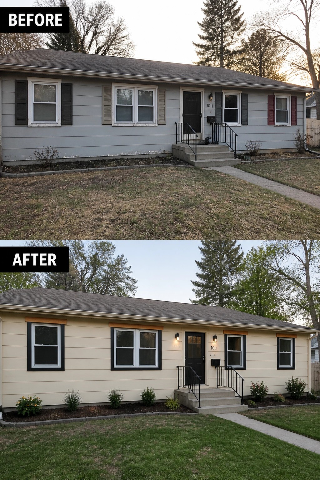 Before-and-after image of a dated single-story ranch updated with lighter siding, black window trim, wood accent headers, and new planting beds.