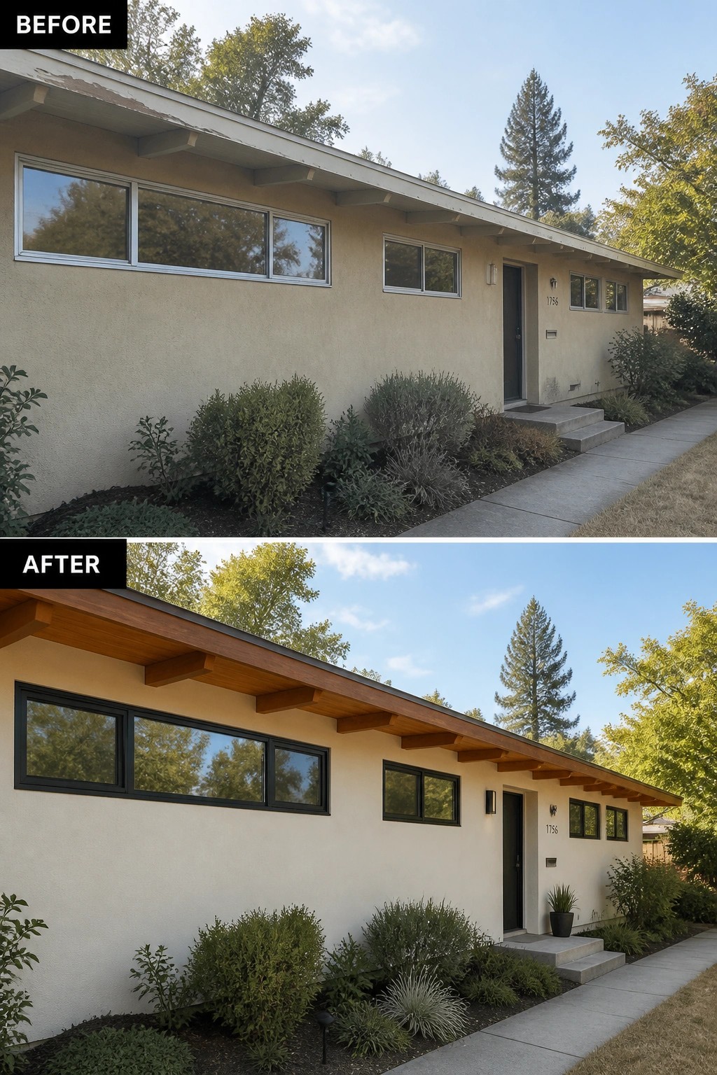 Before-and-after image of a ranch-style house updated from pale trim to black window frames and a natural wood soffit under the eaves.