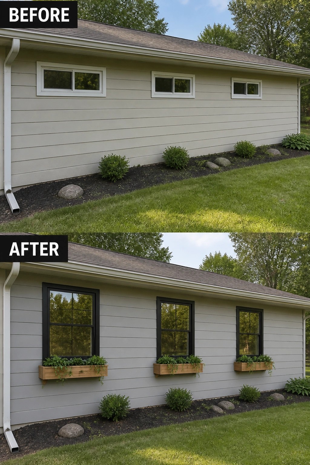 Before-and-after image of a ranch house wall where narrow horizontal windows are updated to larger black-trim windows with natural wood window boxes.