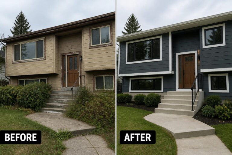 13 Modern Split Level Transformations Using Black Windows and Clean Trim Split before-and-after of a renovated house: faded beige siding to dark gray with white trim