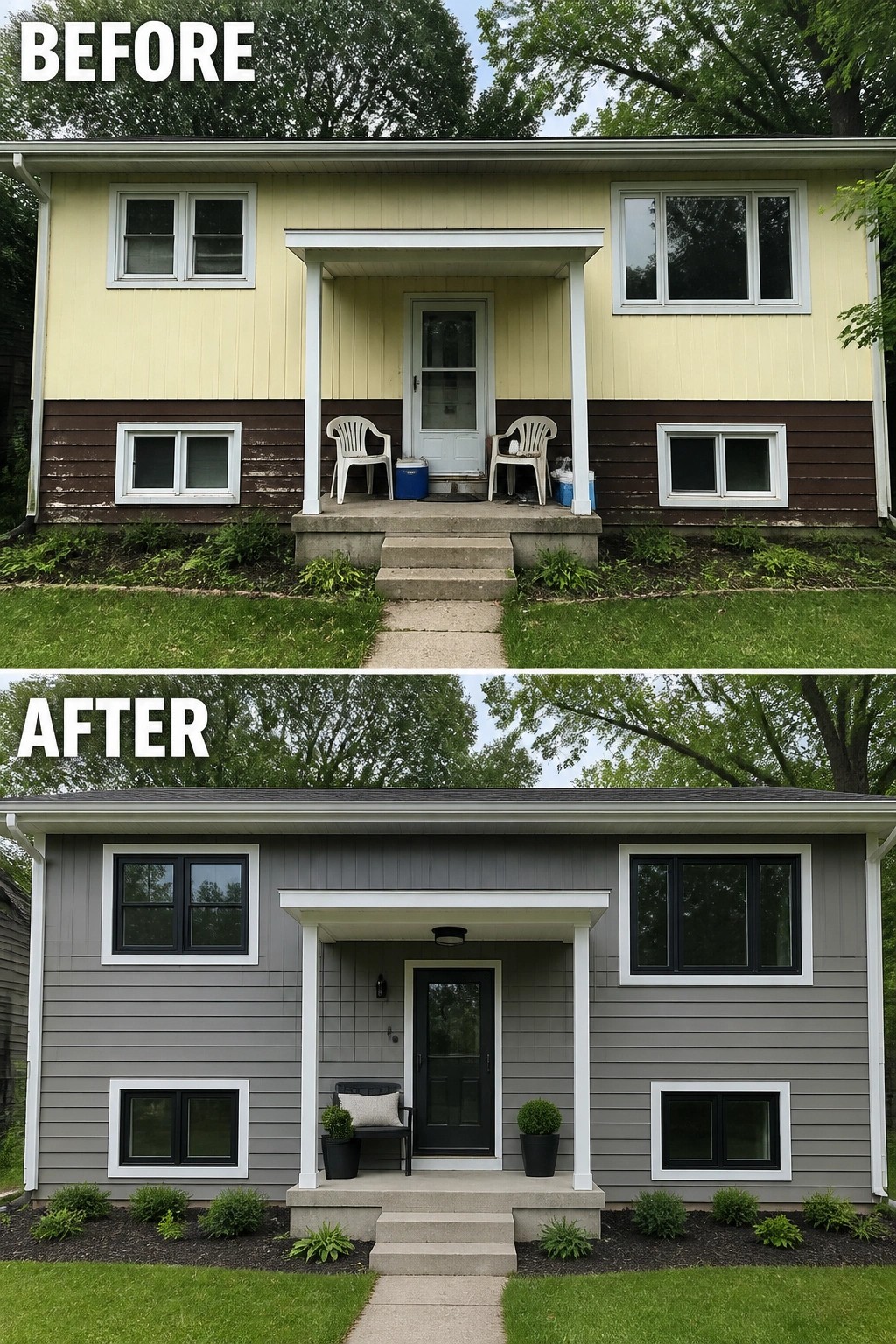 Before-and-after image of a split-level house exterior updated with gray siding, black-framed windows, clean white trim, and a styled front porch with seating and planters.