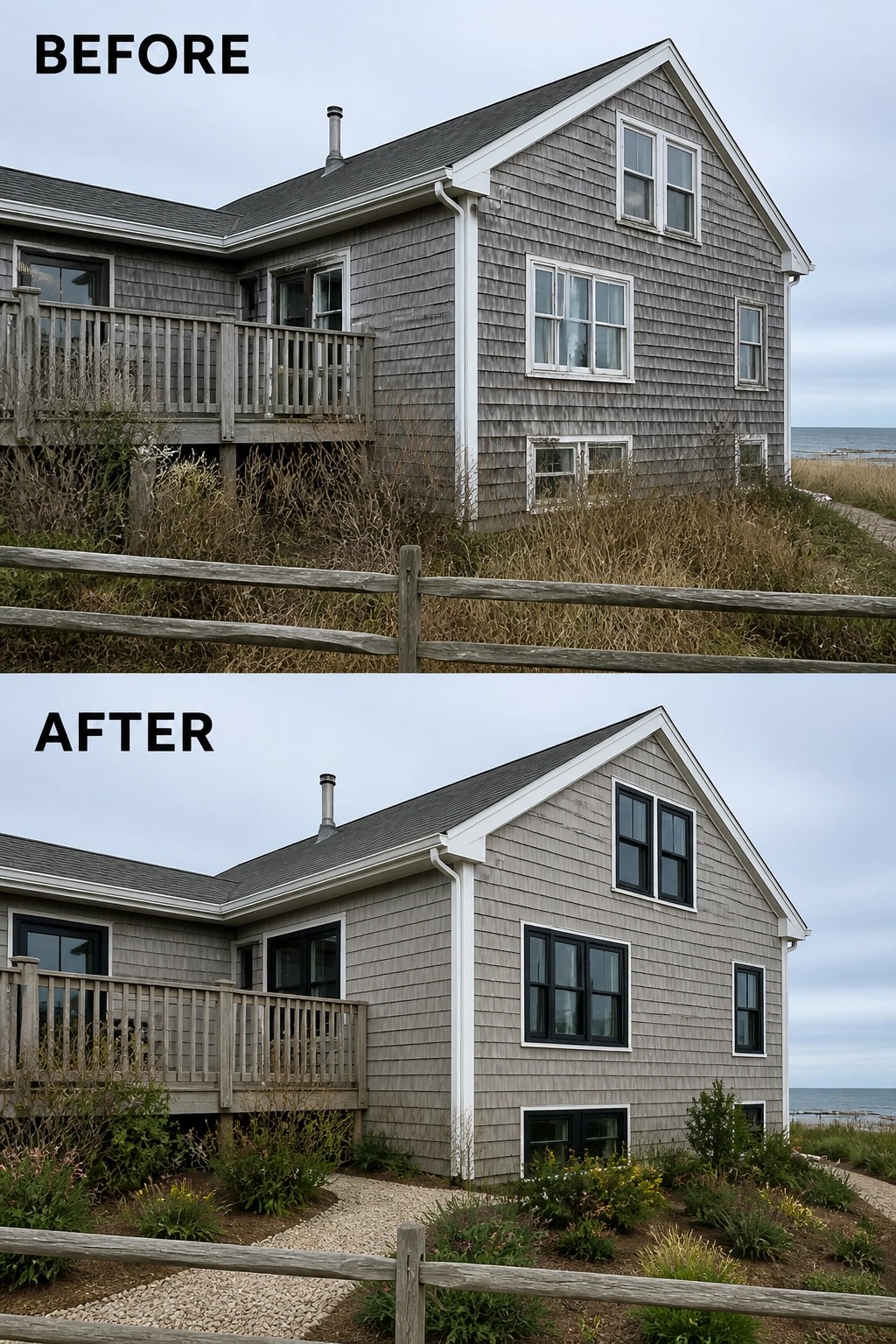 Before-and-after image of a shingle-sided house updated by replacing faded white-framed windows with black-framed windows and cleaning up the front planting beds and path.