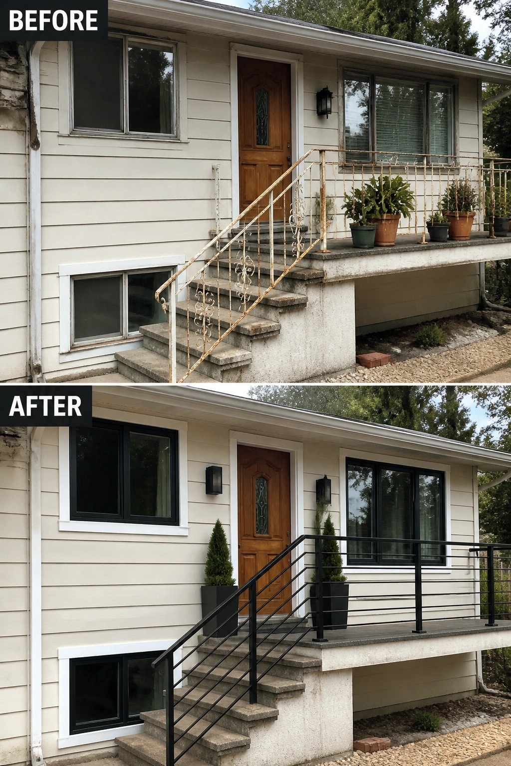 Before-and-after image of a split-level front entry updated with black window frames, a new black metal railing, and clean white trim.