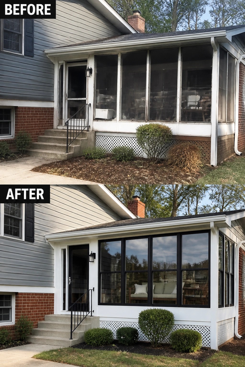Before-and-after image of a screened porch updated by replacing worn screens with black-framed windows and fresh white trim.
