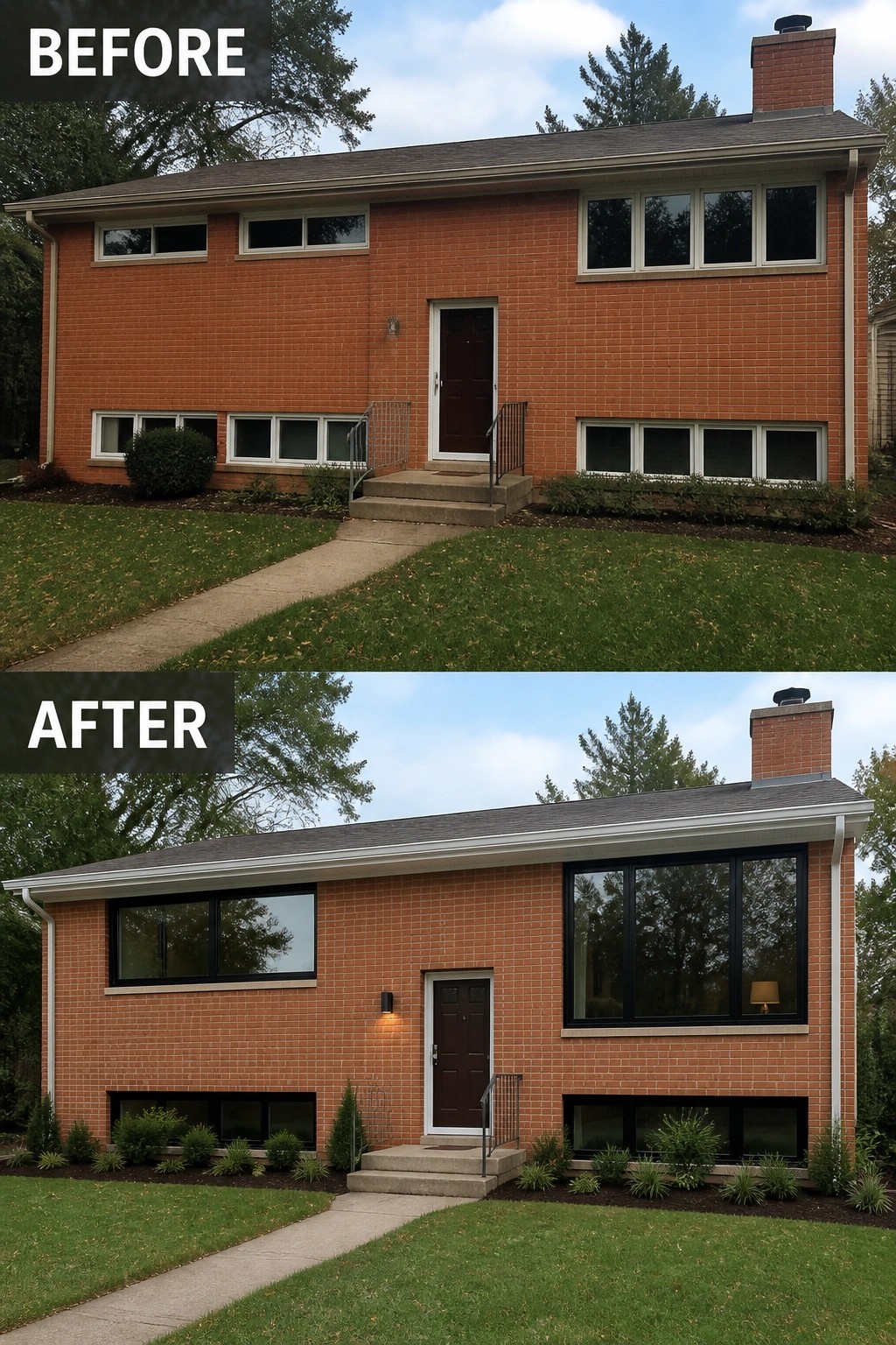 Before-and-after image of a split-level brick house updated by replacing old white windows with larger black-framed windows, adding a wall light, and planting low shrubs along the foundation.