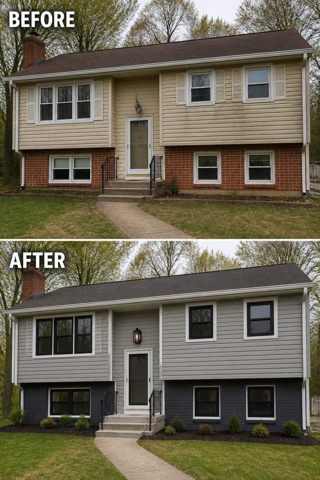 Before-and-after image of a split-level house updated from beige siding and red brick to gray siding with black window frames and a darker painted foundation.