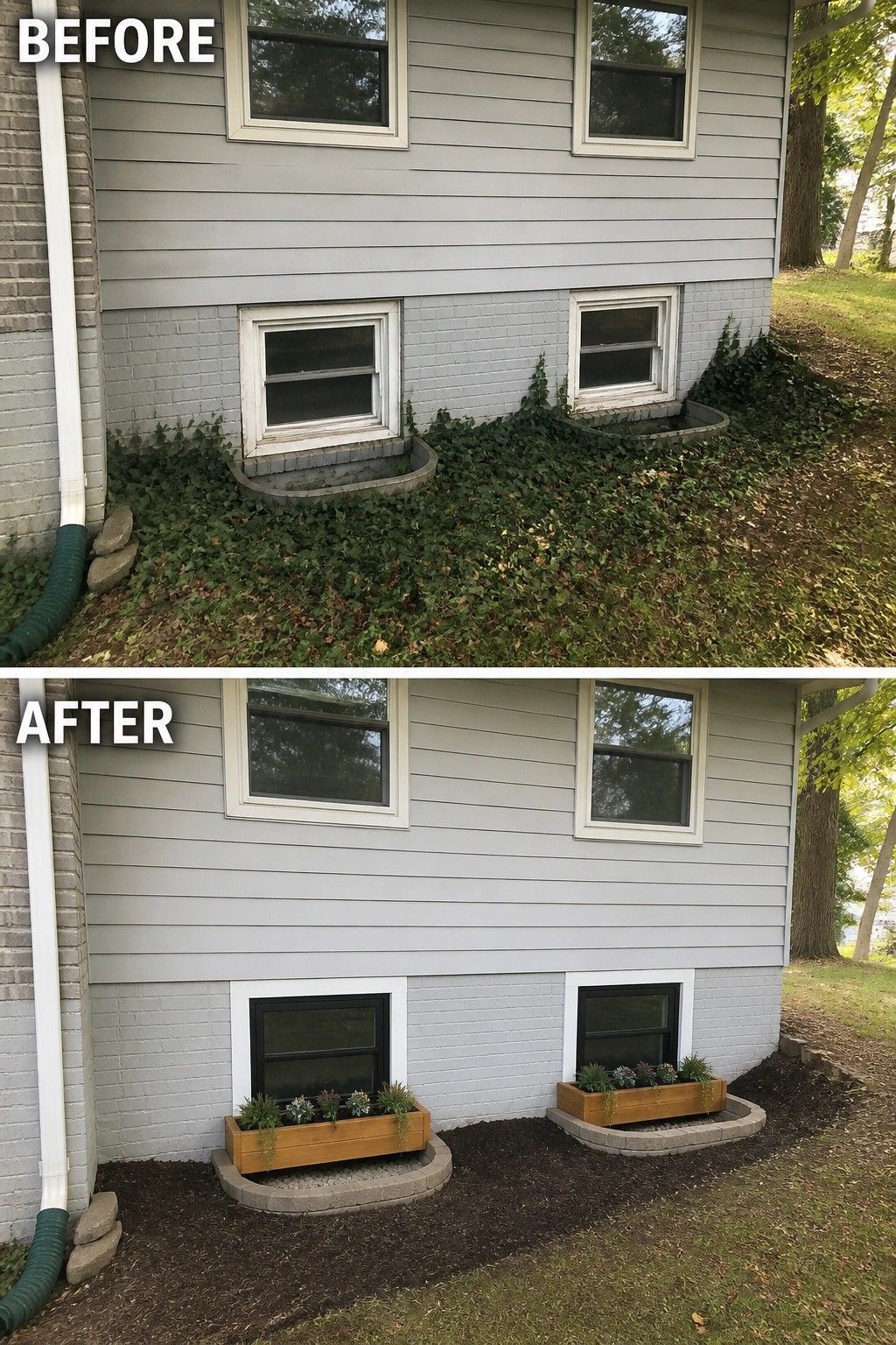 Before-and-after image of a split-level house exterior showing old basement window wells and overgrown ivy changed to black-framed basement windows with white trim, wooden planters, and clean mulch beds.