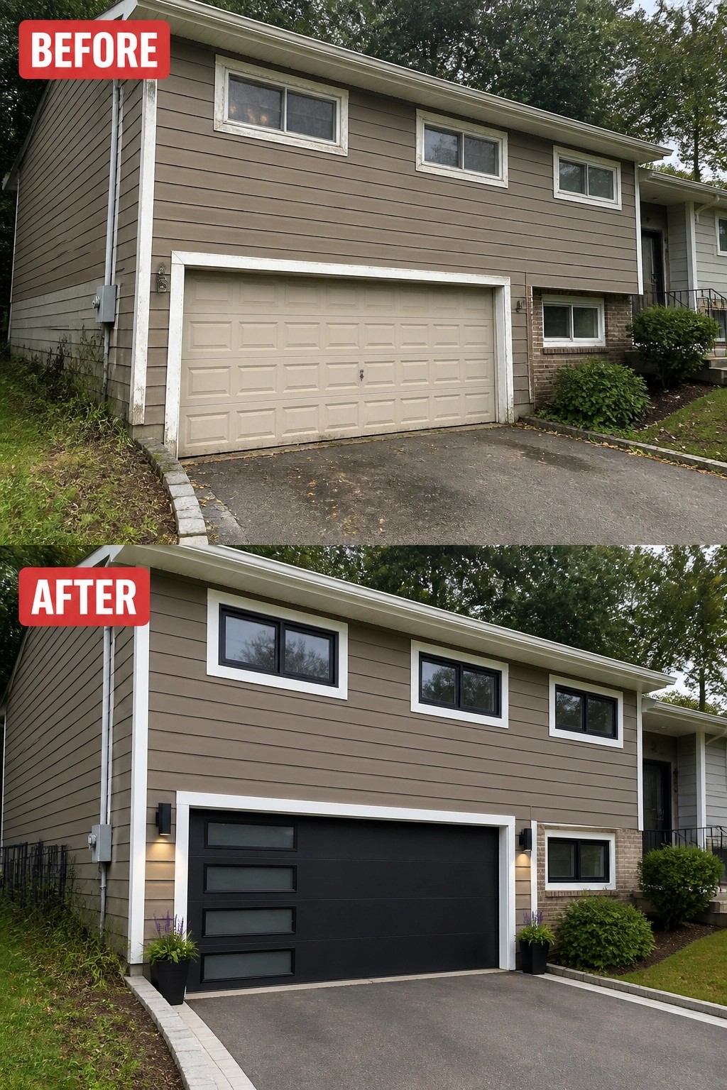 Before-and-after image of a split-level house where the old beige garage door and worn trim are