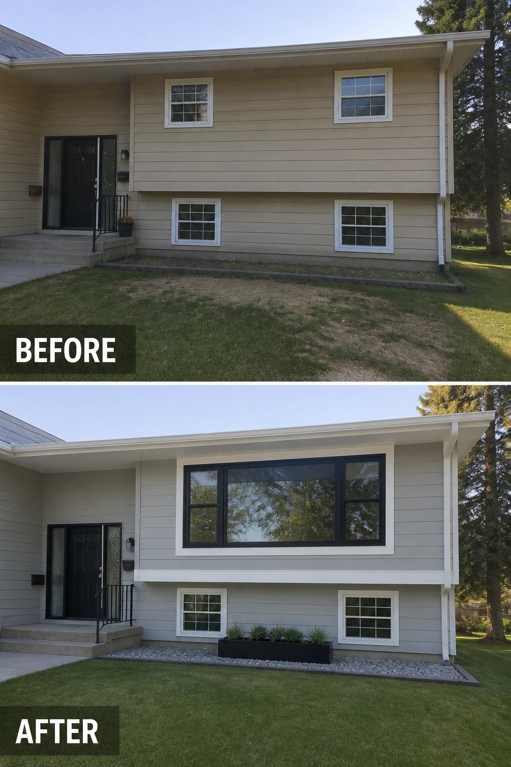Before-and-after image of a split-level house where small upper windows were replaced by a large black-framed window and the facade was updated with white trim and a low planter.
