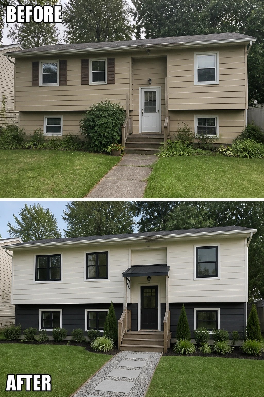 Before-and-after image of a split-level house updated by adding black window frames, clean white trim, and a darker lower band with a new front path and plantings.