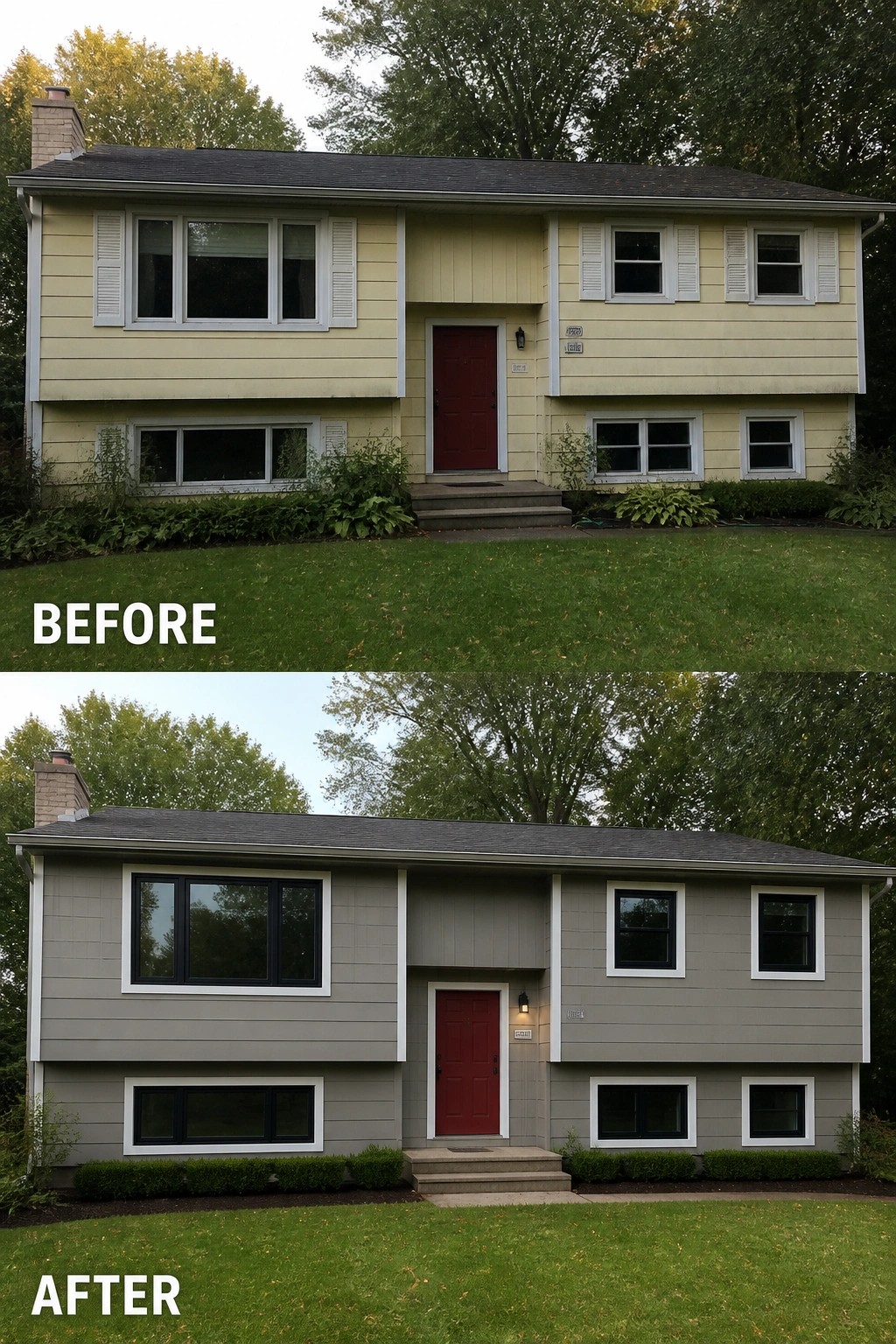 Before-and-after image of a split-level house updated from yellow siding to neutral gray with black window frames and crisp white trim.