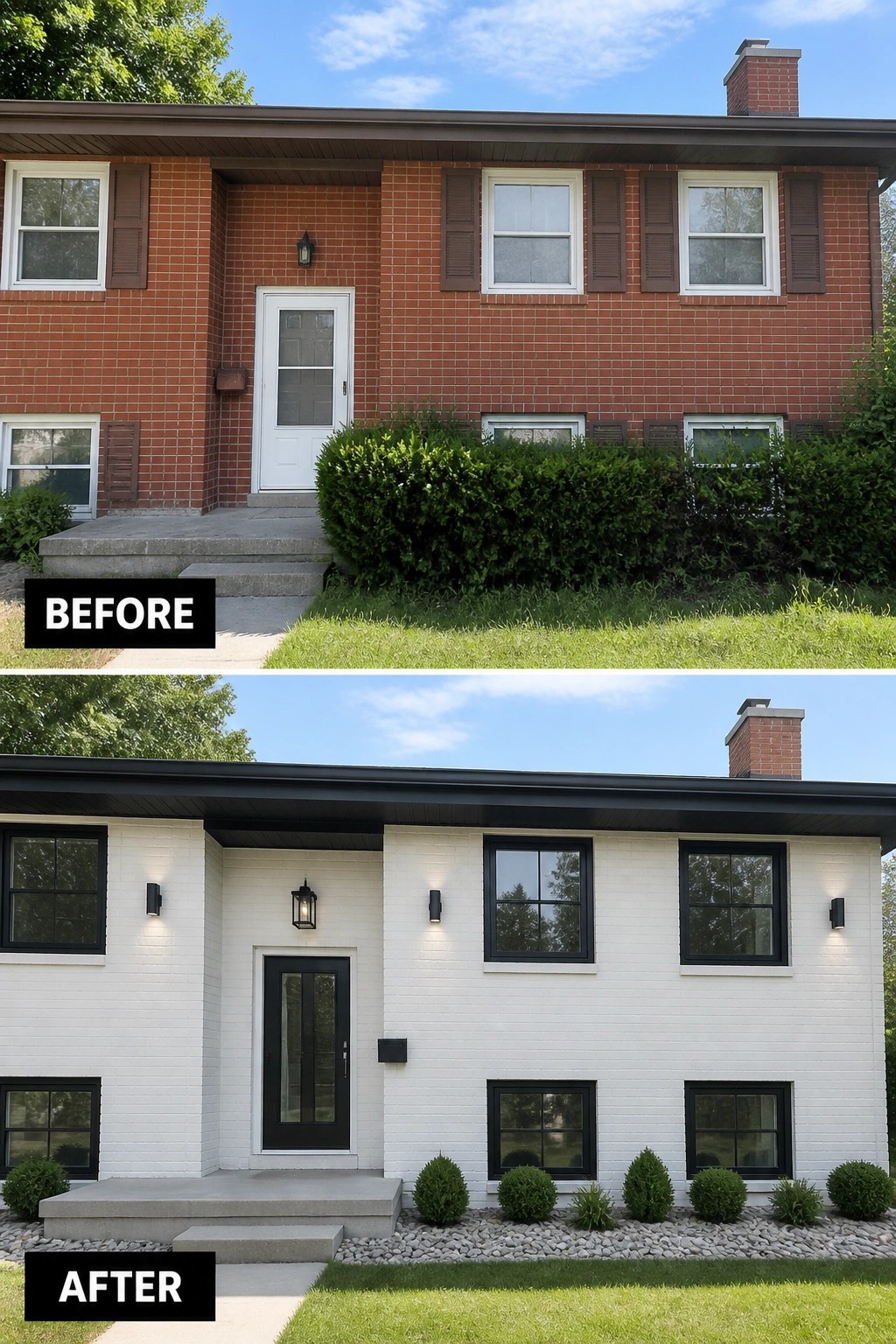 Before-and-after image of a split-level front facade where red brick and brown shutters were painted white and finished with black window frames, new lighting, and simplified low plantings.
