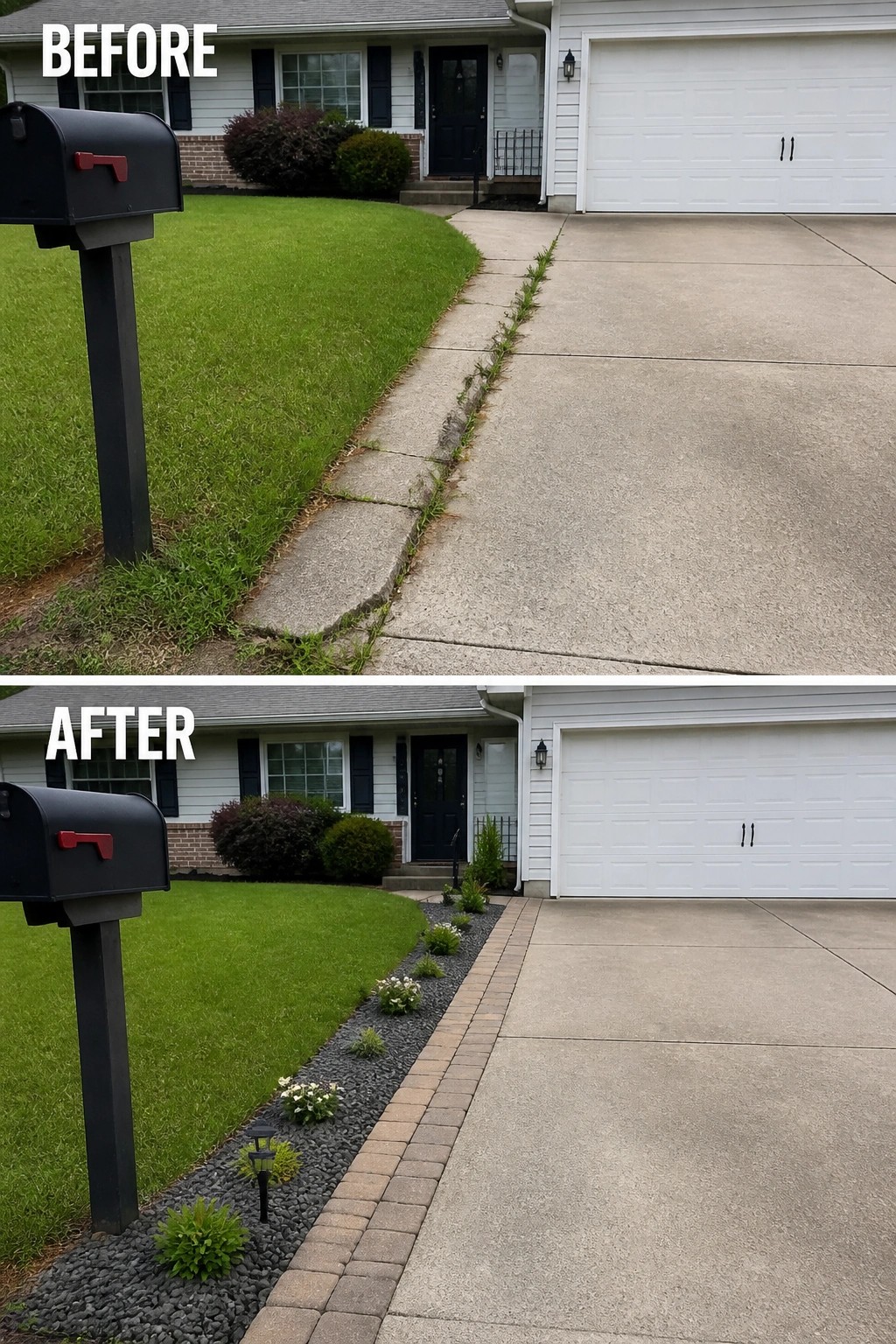 Before-and-after image of a front driveway edge changed from weedy concrete seams to a neat paver border with a narrow gravel planting bed and small ornamental plants.