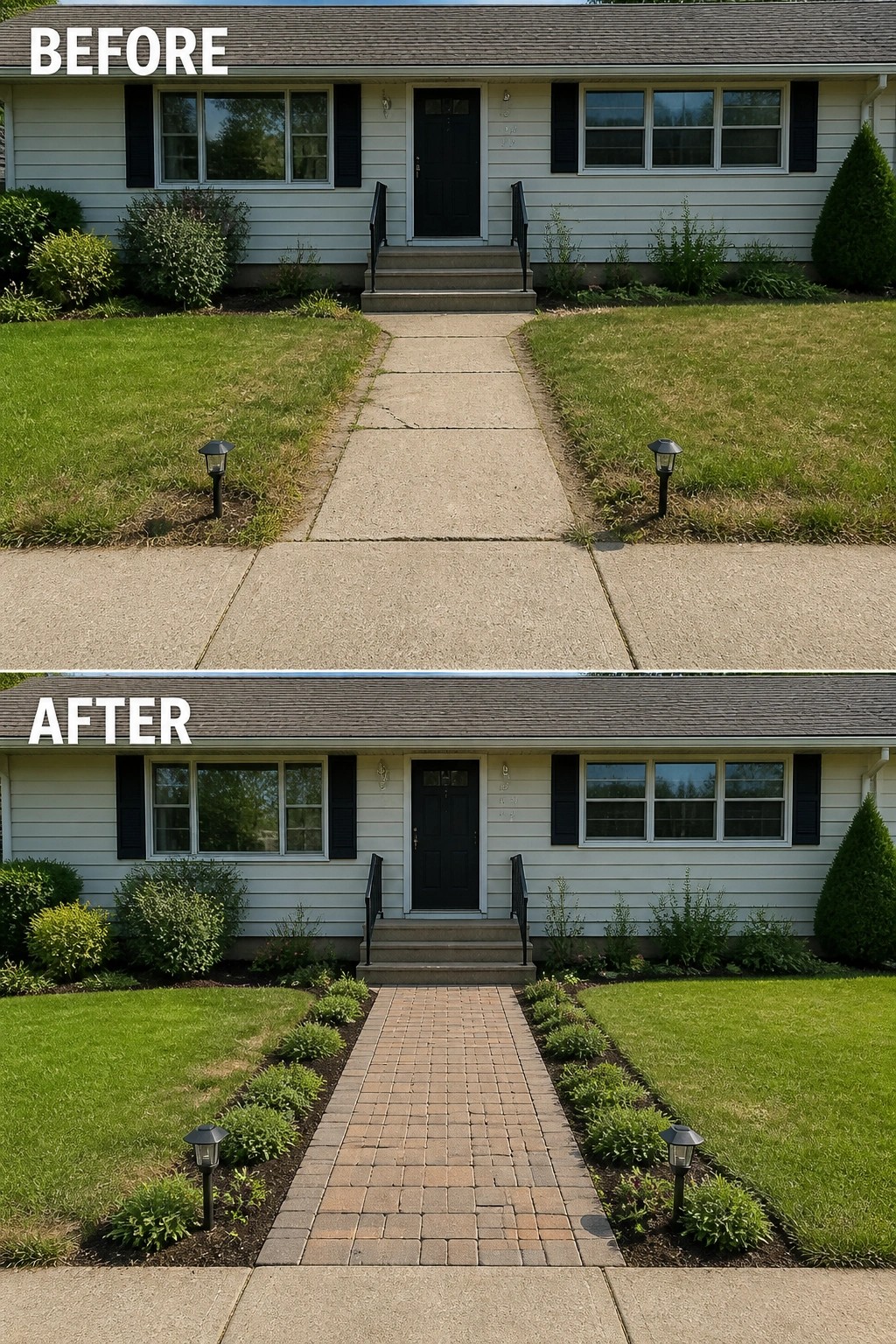 Before-and-after image of a house front where a plain concrete walkway was replaced by a brick paver path with planted borders and path lighting.