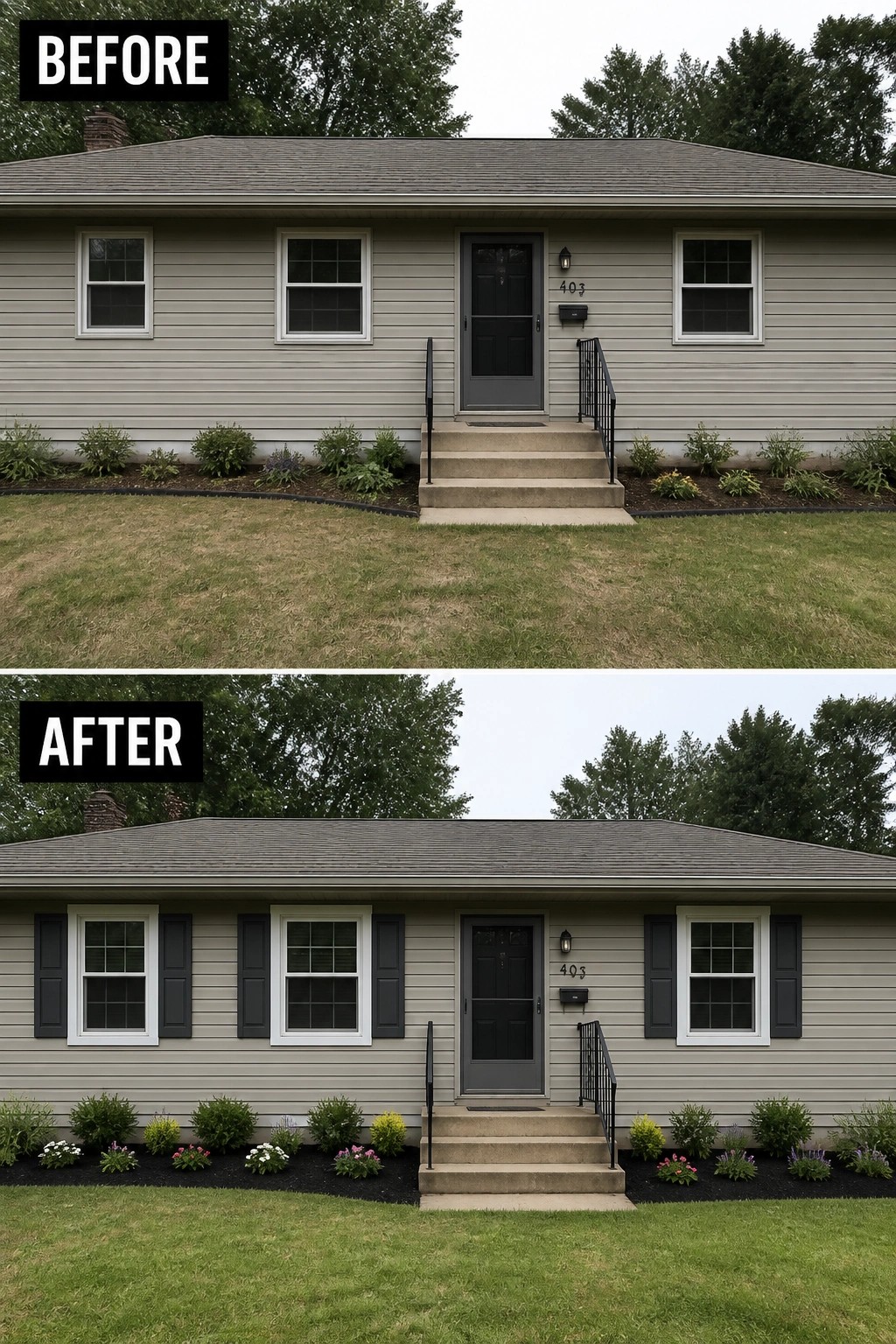 Before-and-after image of a ranch house exterior where simple shutters were added to the windows and a defined mulched planting bed with small shrubs and flowers was installed.