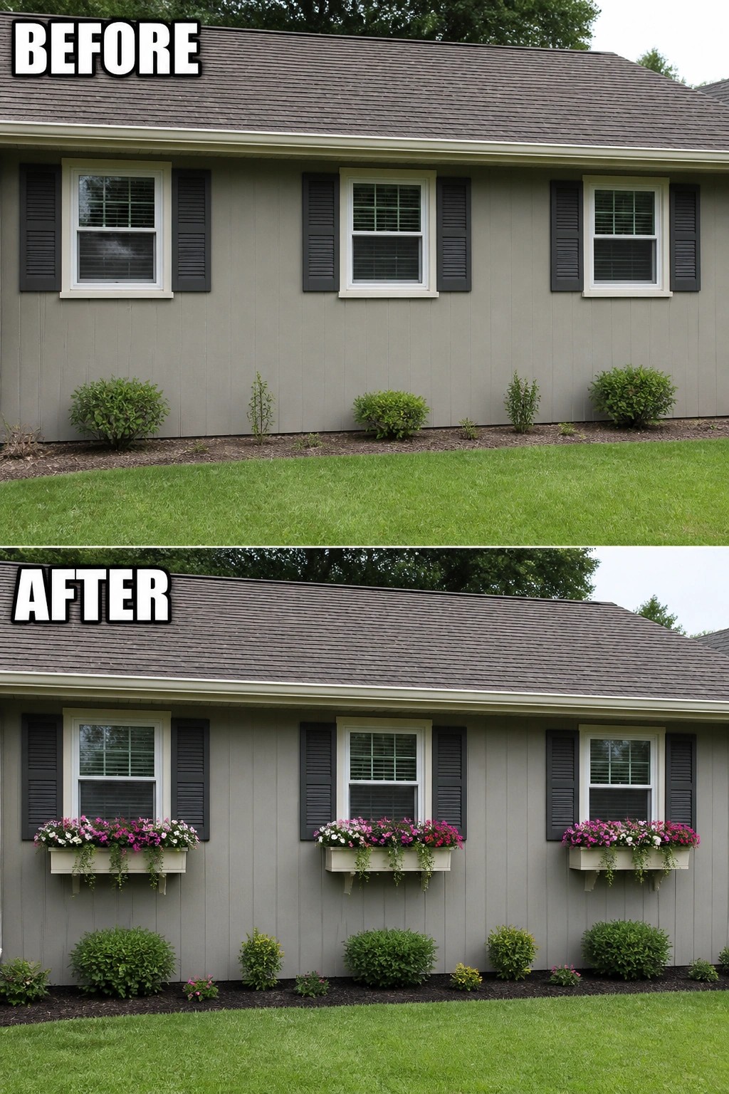 Before-and-after image of a ranch house exterior updated by adding flower-filled window boxes and tidied planting beds with small shrubs.