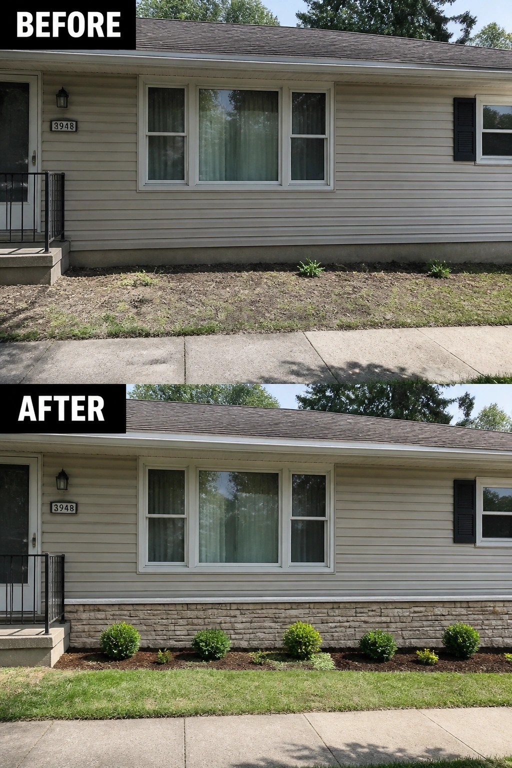 Before-and-after image of a ranch house front where a bare foundation stripe was updated with a low stone skirt, mulch bed, and a row of small shrubs.