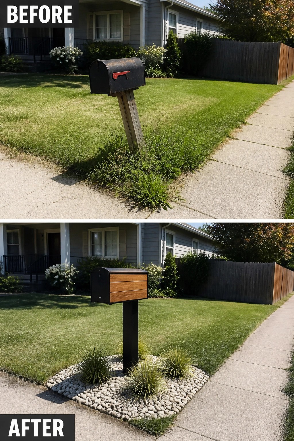 Before-and-after image of a leaning mailbox in overgrown grass changed to a neat square gravel bed with a modern post-mounted mailbox and three ornamental grass clumps.