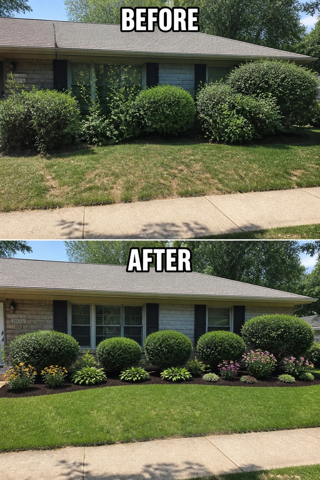 Before-and-after image of a ranch house where overgrown foundation shrubs were trimmed and a defined mulched planting bed with repeat perennials was installed.