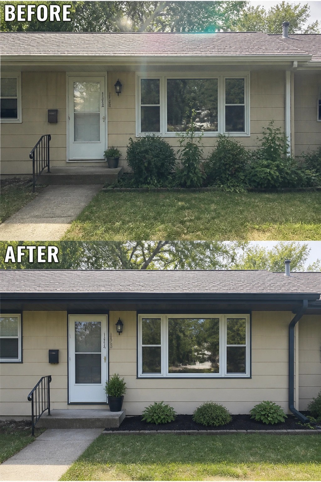 Before-and-after image of a ranch house front where an overgrown foundation planting was cleared and replaced with a neat, mulched garden bed and three small shrubs.