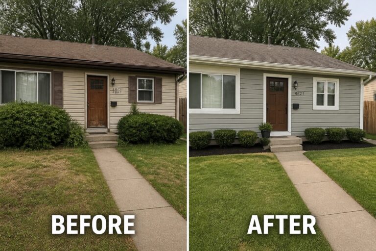 21 Simple Ranch House Exterior Refreshes Without Major Structural Changes Before-and-after image of a ranch house exterior updated from beige siding and brown trim to gray siding with white trim, a refreshed front door, and neater planting beds.