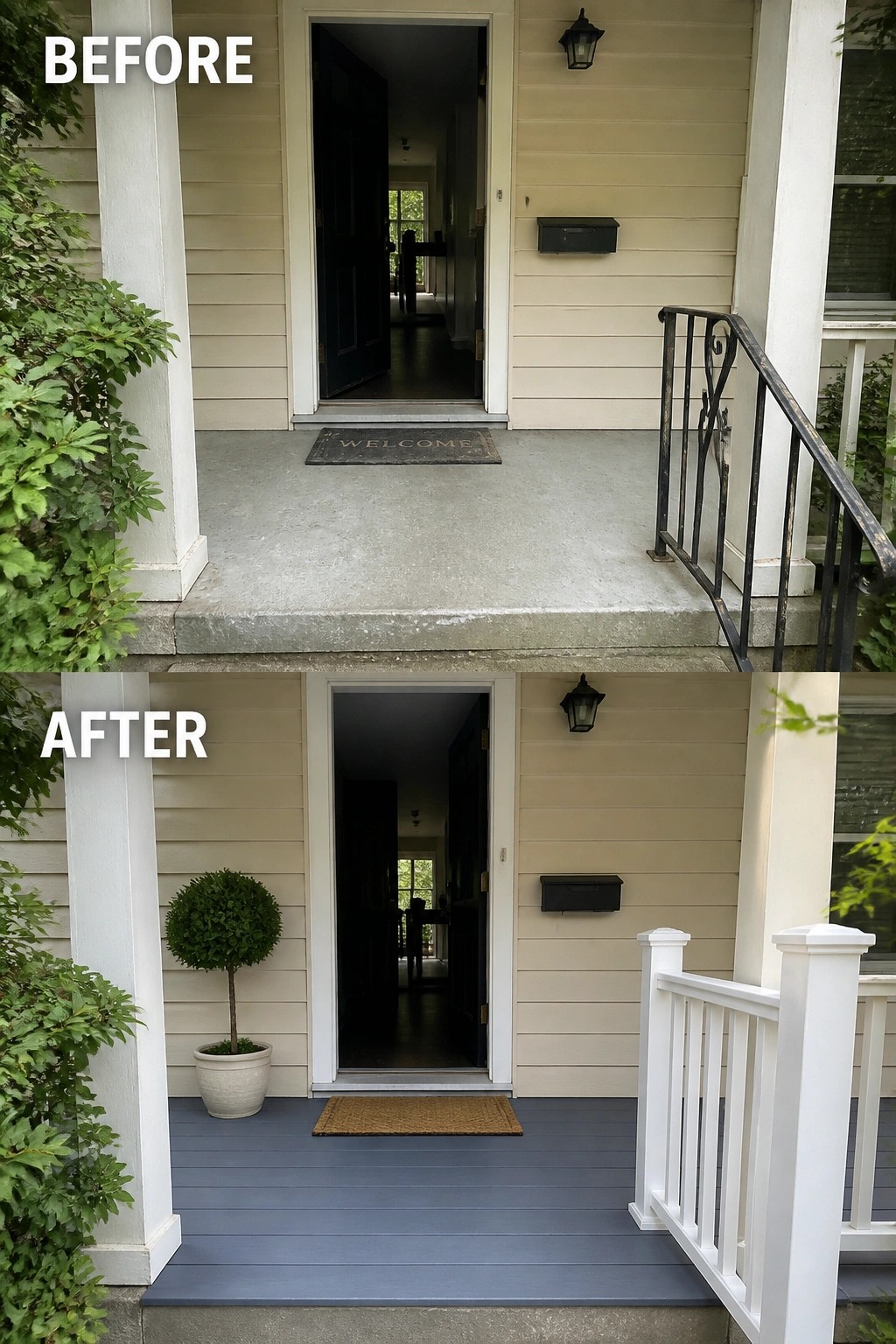 Before-and-after image of a plain concrete front porch updated with painted decking, a new white railing, and a potted plant with a doormat.