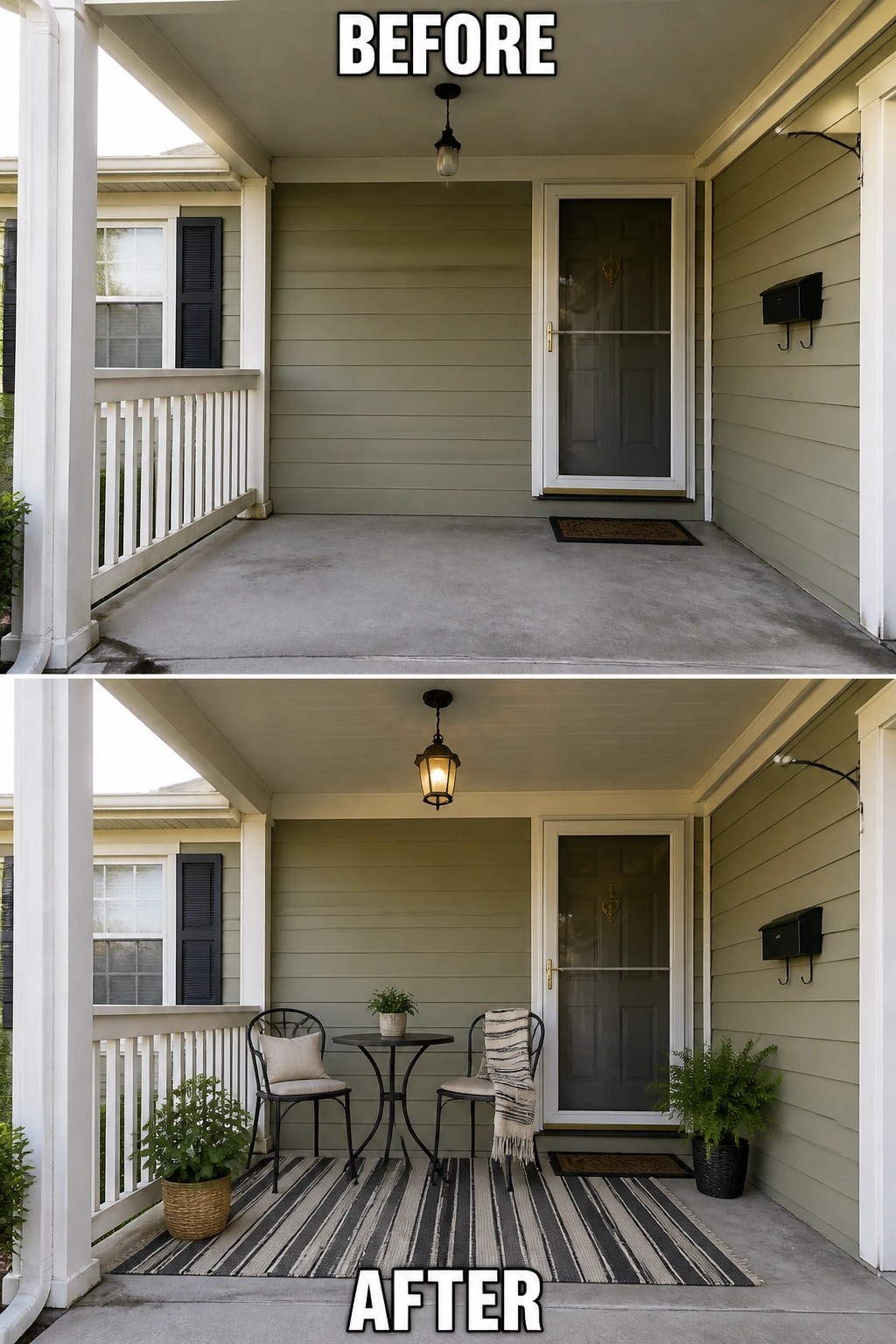 Before-and-after image of a bare front porch updated with a striped outdoor rug, a small bistro table and chairs, potted plants, and a hanging lantern.