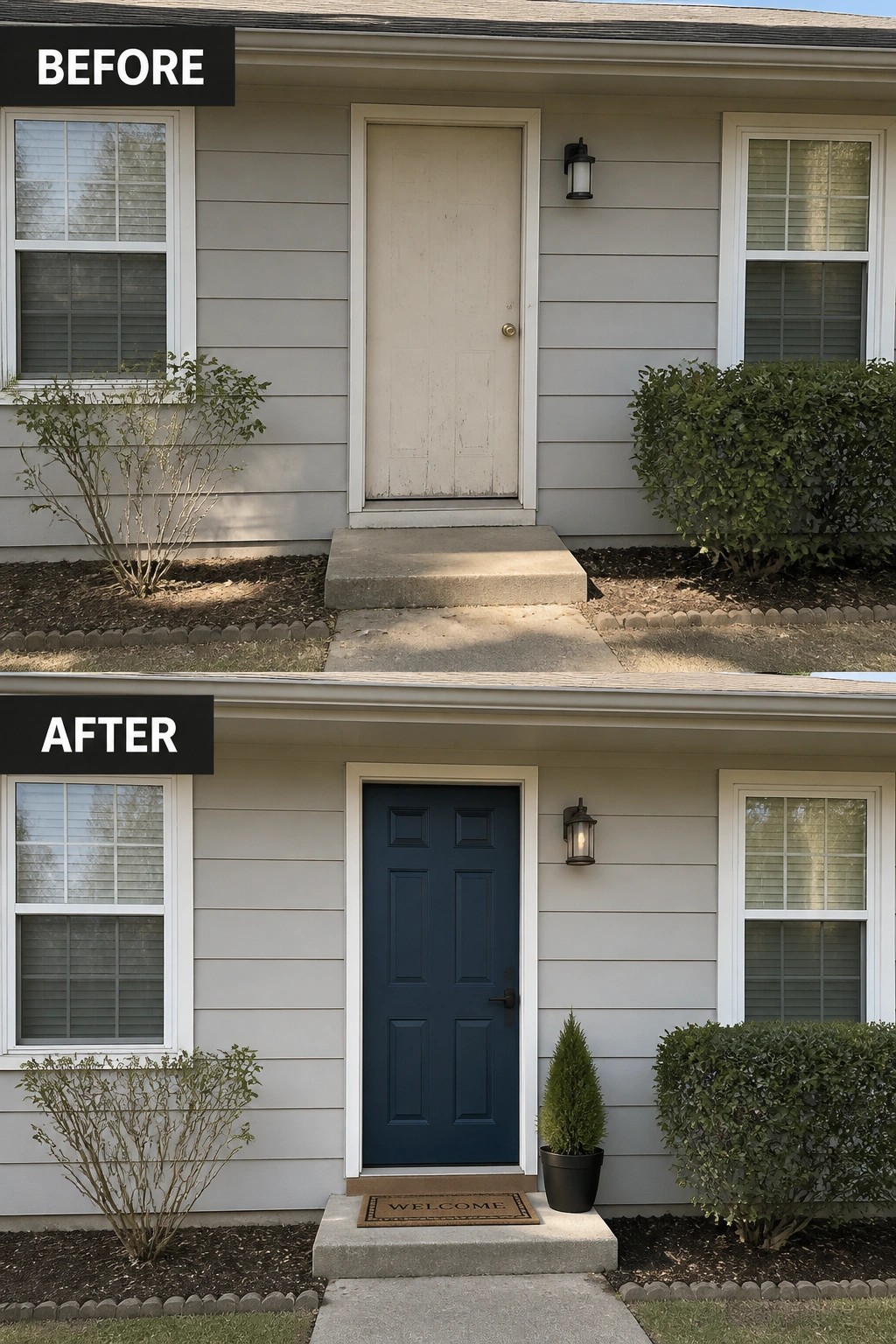 Before-and-after image of a plain ranch house front entry updated with a newly painted blue door, new exterior light, and a potted plant and welcome mat.