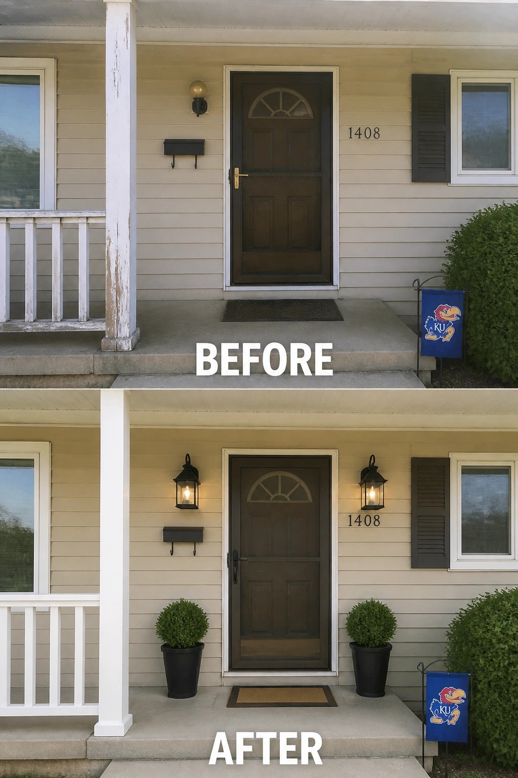 Split before and after porch: beige siding, dark door, lantern lights, white railing, potted plants