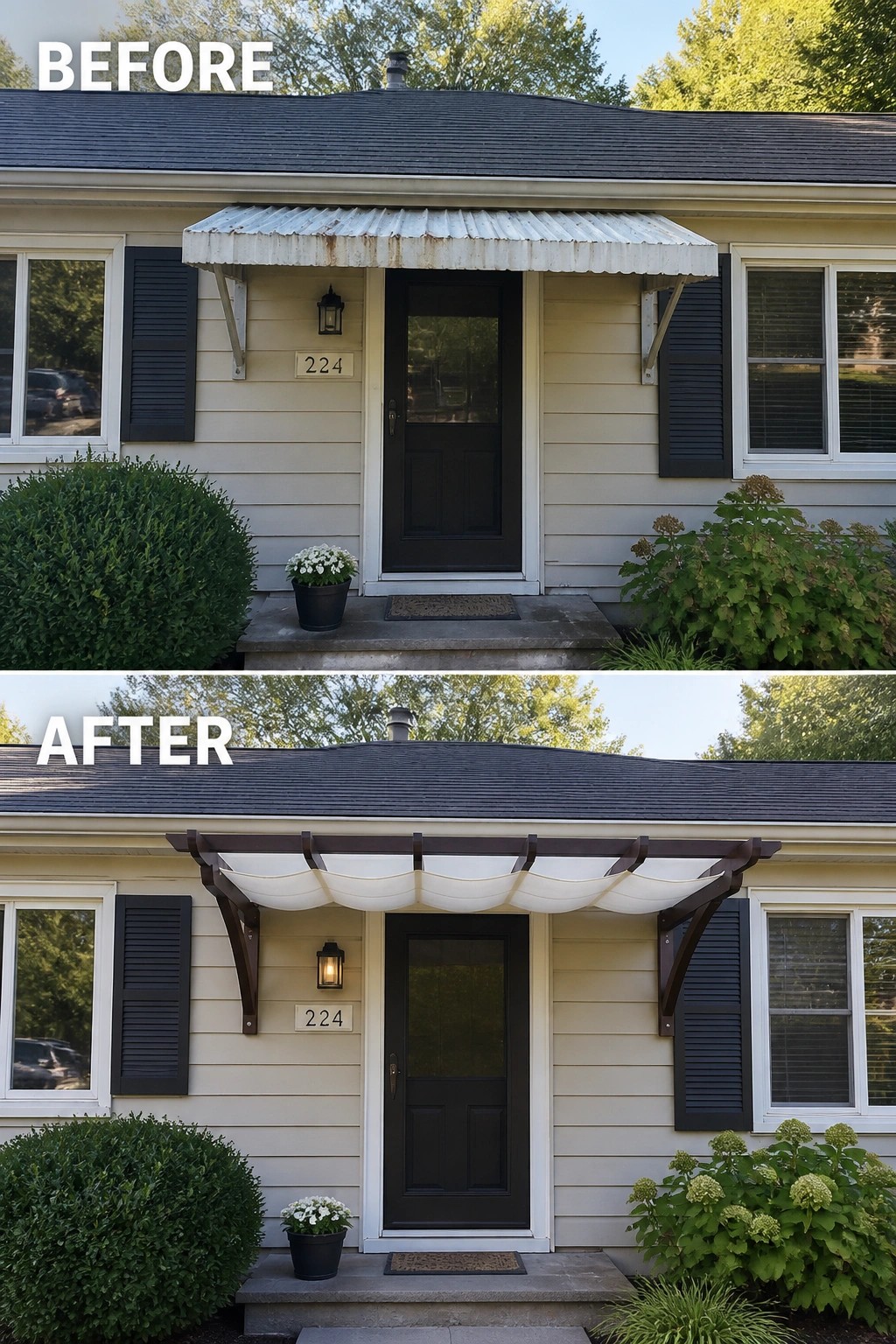 Before-and-after: beige entry with black door, rusted awning replaced by wooden pergola with fabric