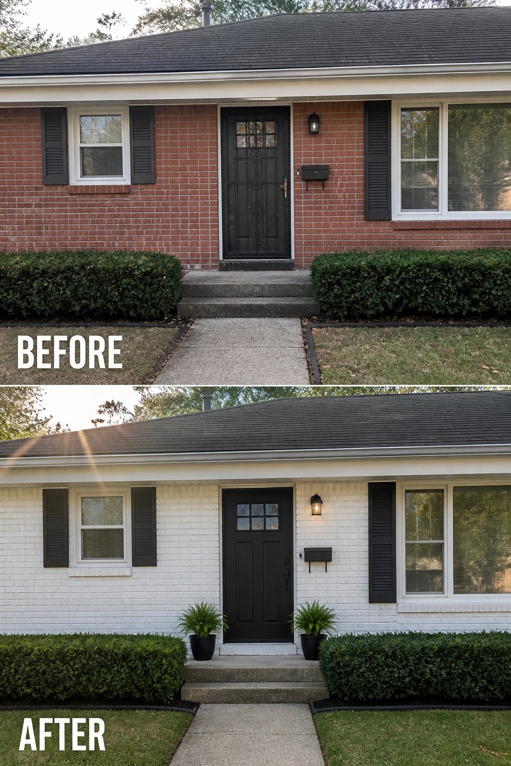 Before-and-after image of a ranch house front where the red brick is painted white, the front door and trim are darkened, and planters and a new light are added.