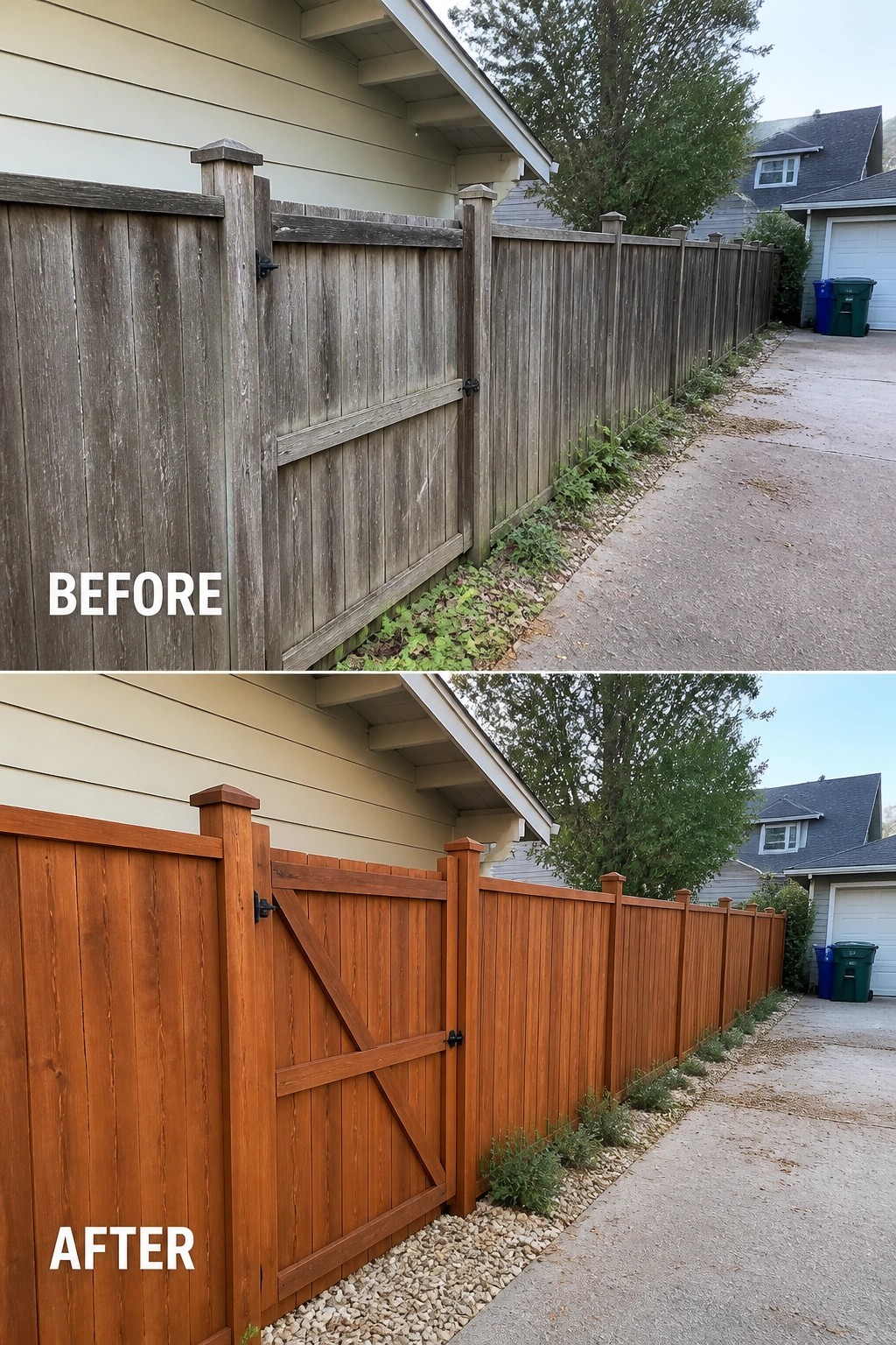 Before-and-after image of a weathered wooden fence that was cleaned and stained a warm cedar color and had its base edged with gravel and small plantings.