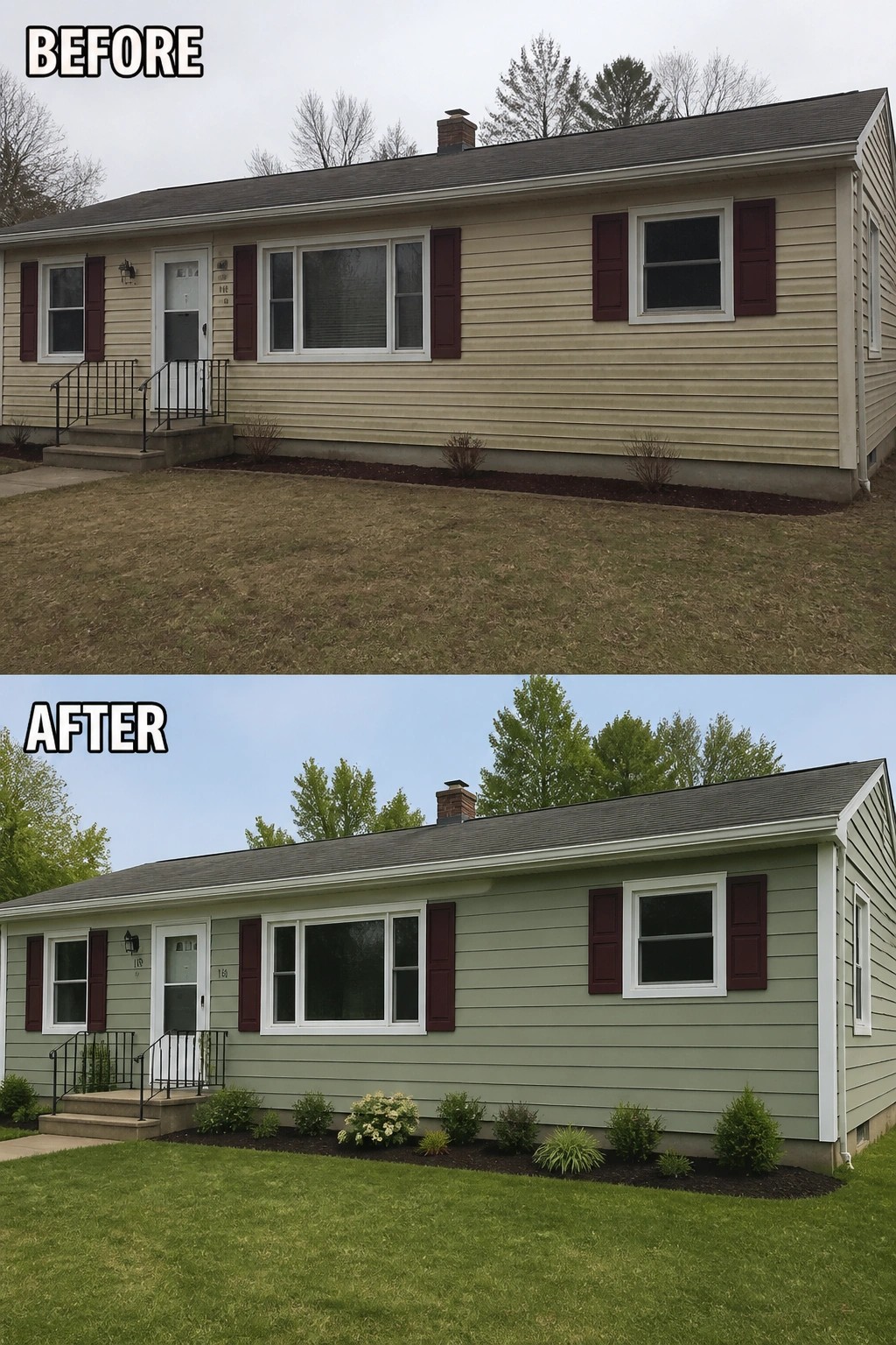 Before-and-after image of a ranch house where faded beige siding was repainted a soft sage green with refreshed white trim and new planting beds with mulch.