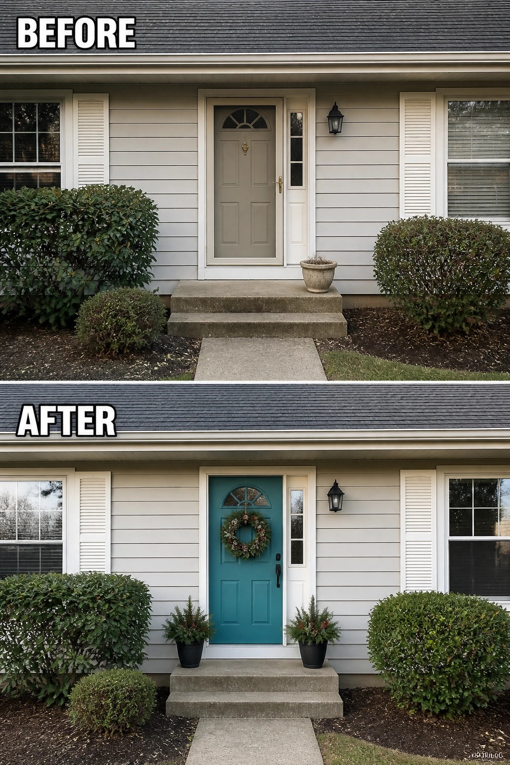 Before-and-after image of a plain front porch updated by painting the door teal and adding a wreath and matching potted plants.