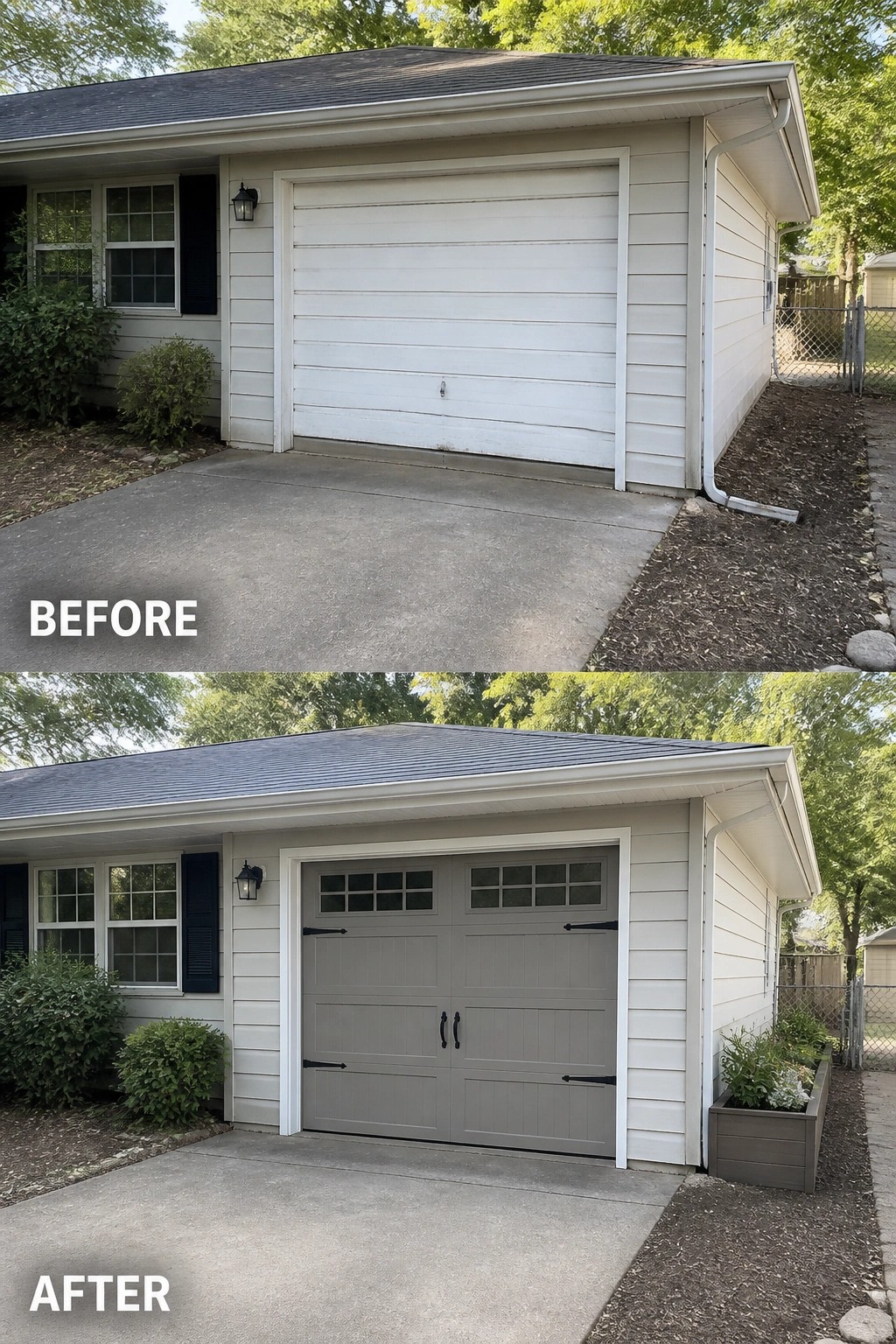 Before-and-after image of a small ranch house garage where a plain white roll-up door is replaced with a paneled carriage-style door with windows, decorative hardware, and a matching planter.