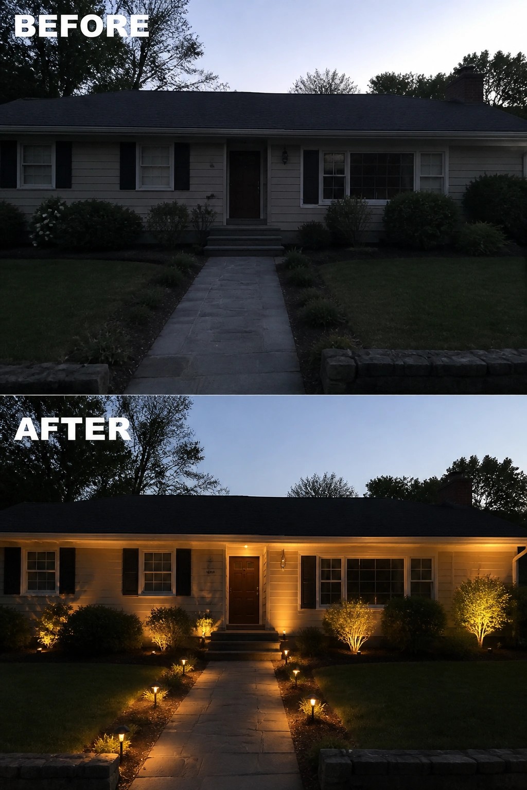 Before-and-after image of a ranch-style front yard showing a dark facade in the before image and the same house lit at night with path lights, porch light, and shrub uplighting in the after image.