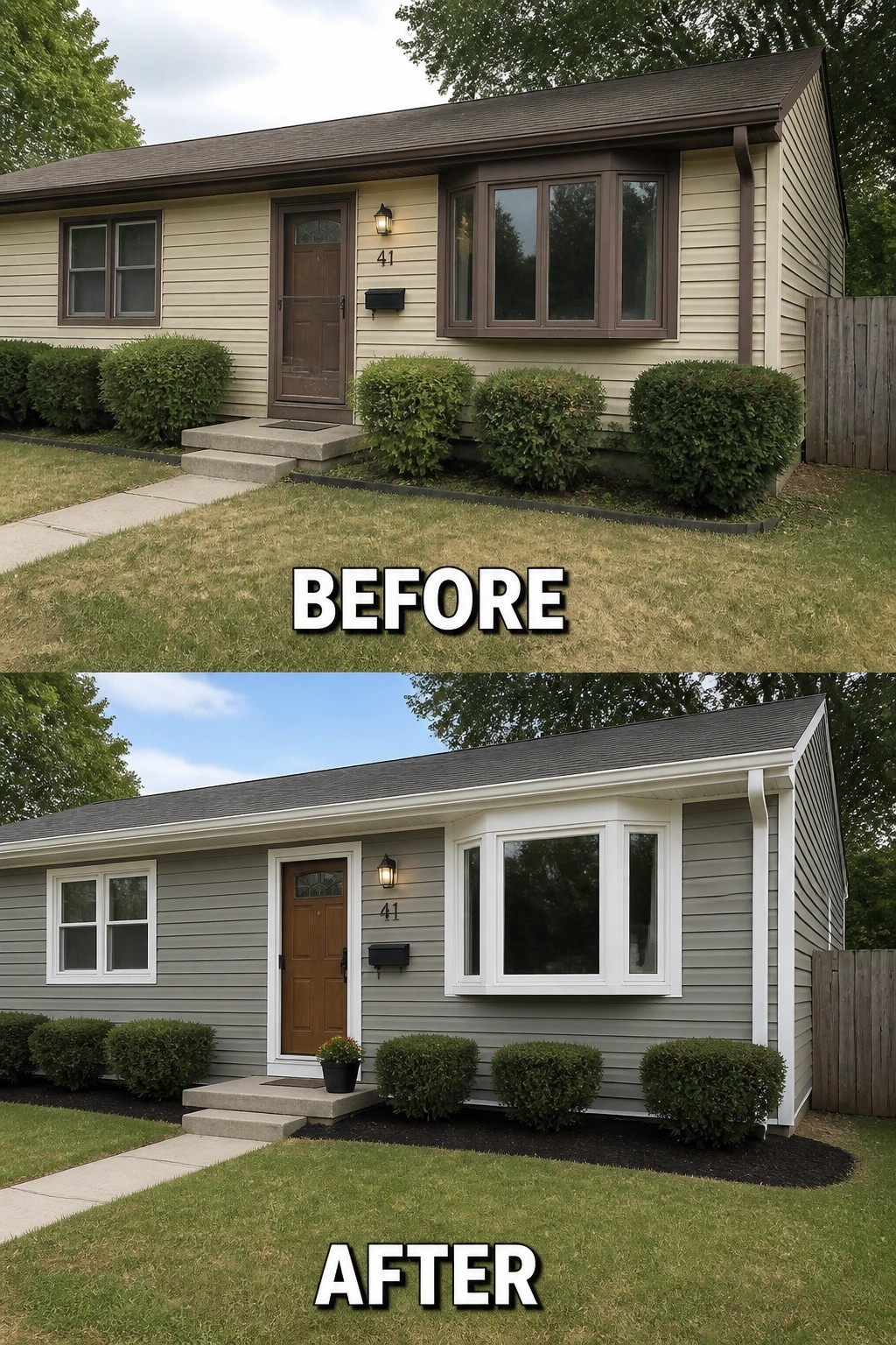 Before-and-after image of a ranch house exterior updated from beige siding and brown trim to gray siding with white trim, a refreshed front door, and neater planting beds.
