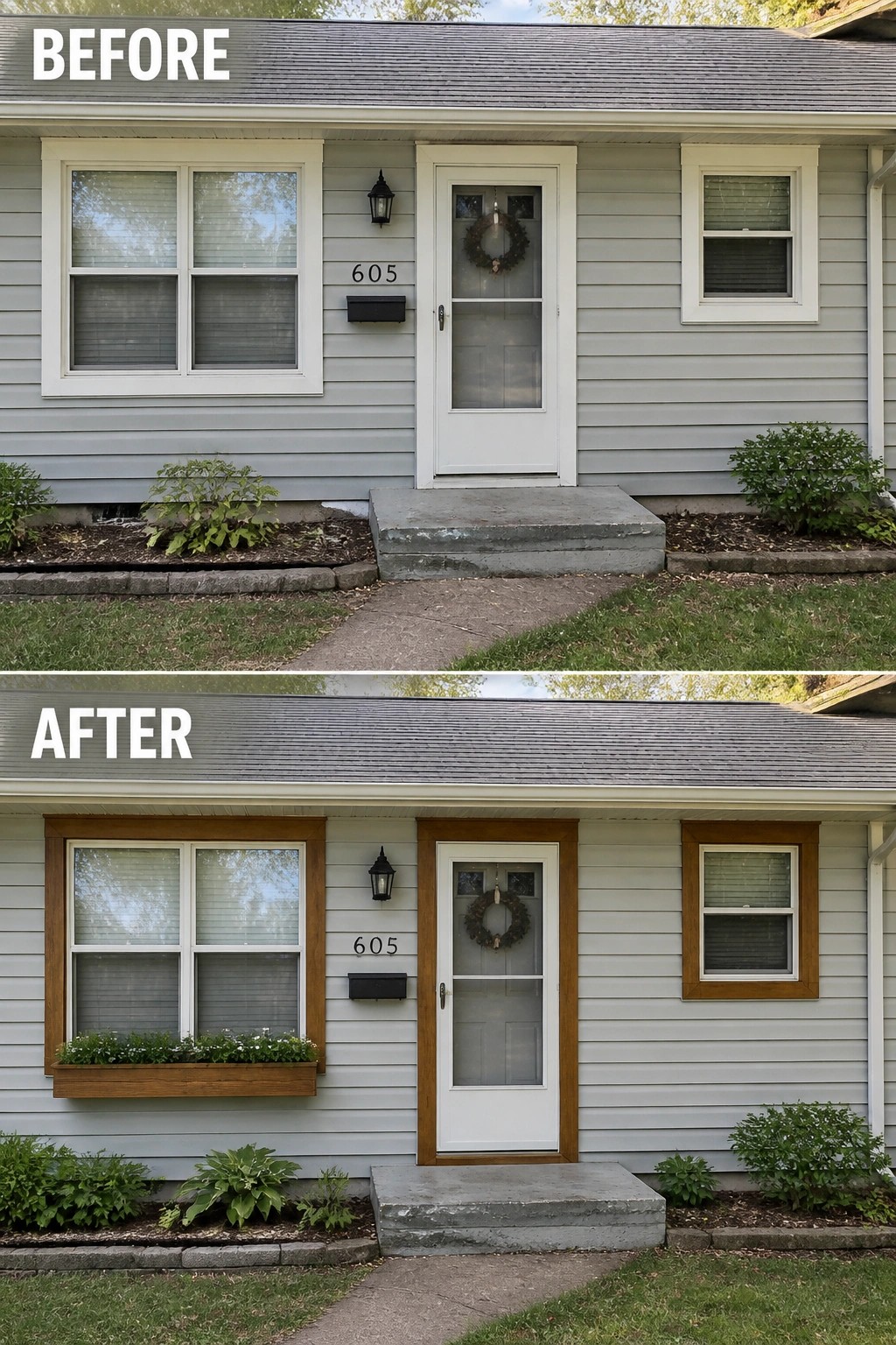 Before-and-after image of a ranch house front updated by adding warm wood trim around windows and
