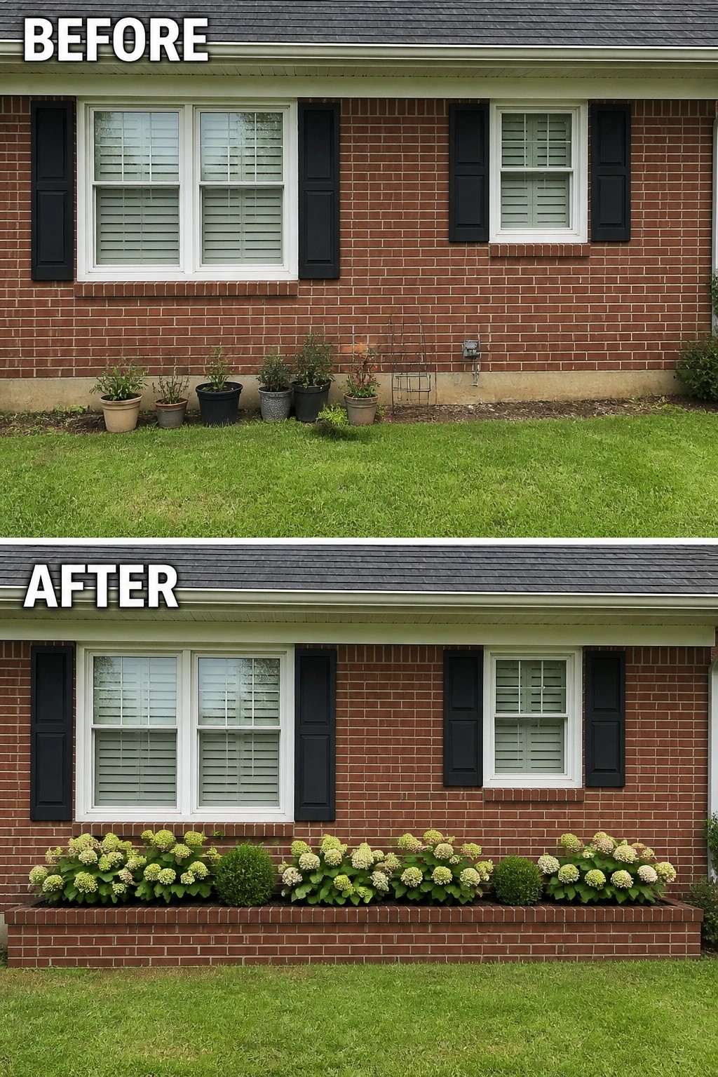Before-and-after image of a red brick house where a strip of bare soil and potted plants is replaced by a low brick planter filled with hydrangeas and round shrubs.