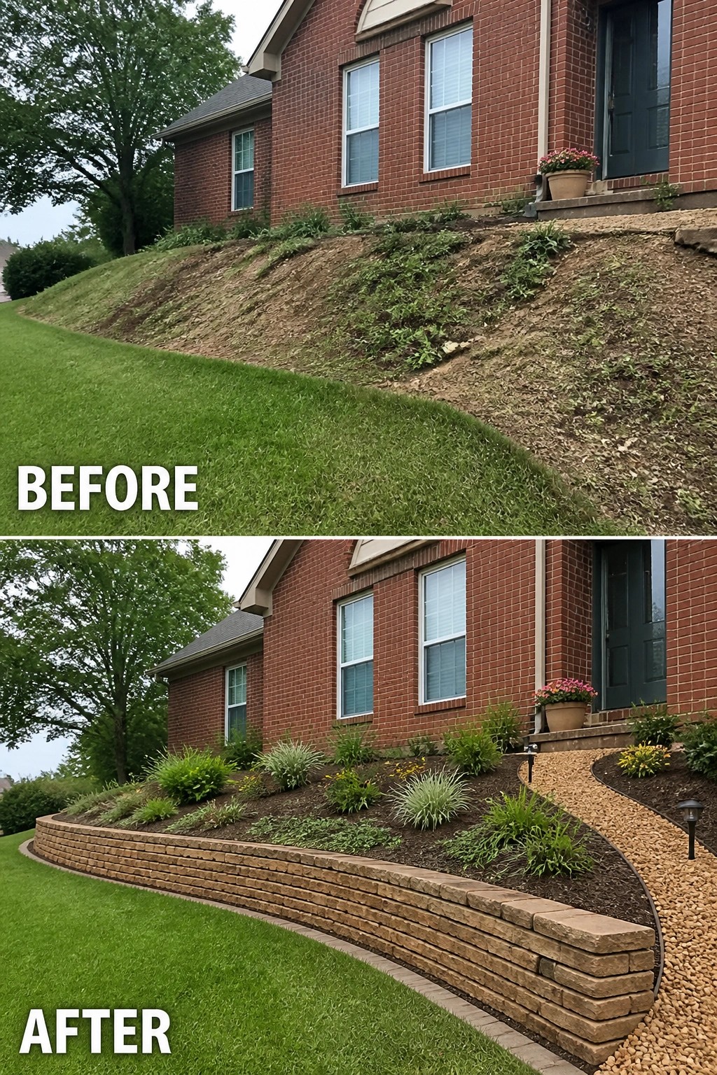 Before-and-after image of a sloped front yard changed from a bare eroded bank to a low stacked stone retaining wall with defined planted beds and a gravel path.