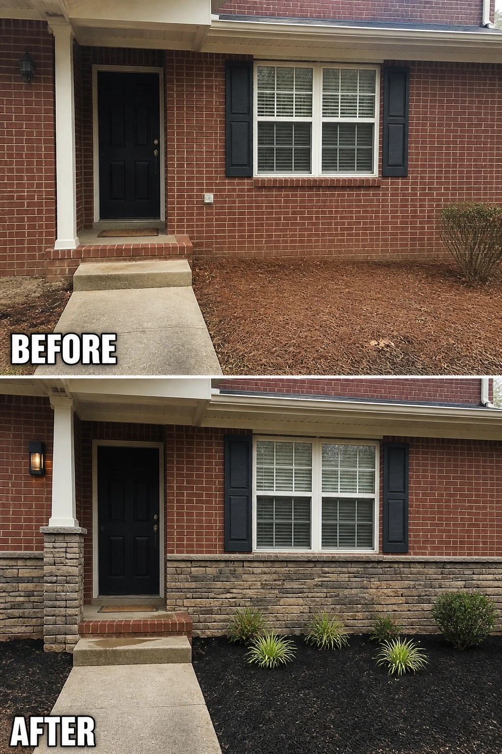 Before-and-after image of a red brick house front where a low stone wainscot and a defined planting bed with dark mulch and small shrubs were added.