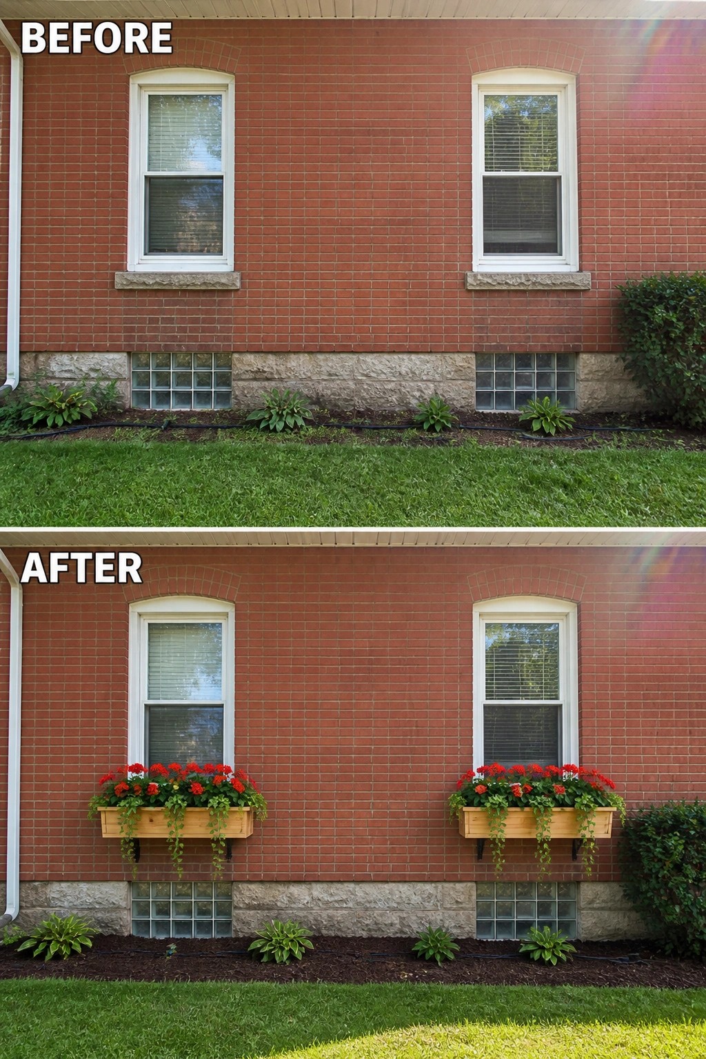 Before-and-after image of a red brick house facade where plain windows are updated with mounted wooden window boxes filled with red flowering plants and trailing greenery.