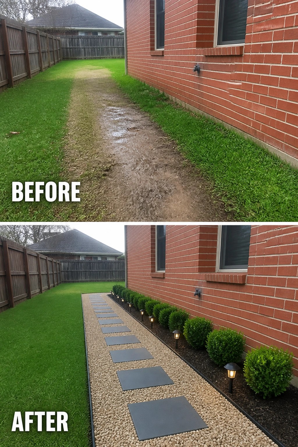 Before-and-after image showing a muddy side yard replaced by a neat gravel path with square stepping stones, a planted border of small shrubs, and path lights.