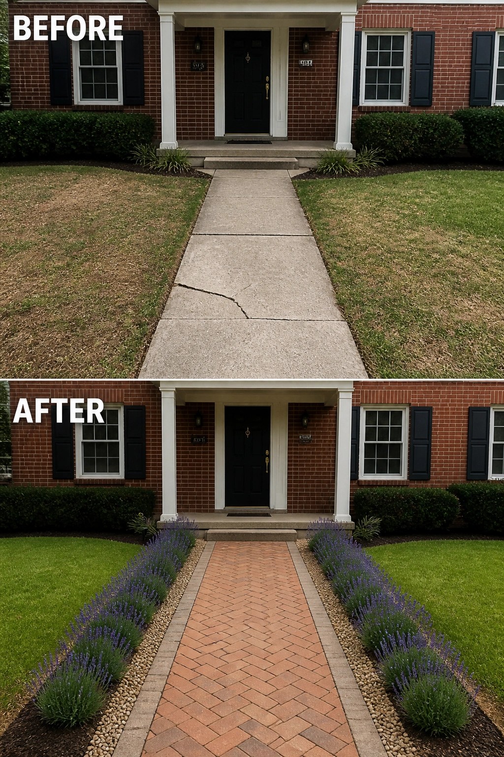 Before-and-after image of a front walkway replacing cracked concrete with a brick paver path flanked by gravel borders and low purple-flowering plants.